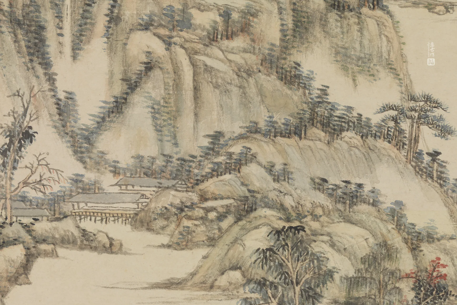 王原祁山水画《仿大痴虞山秋色图》局部 (2)
