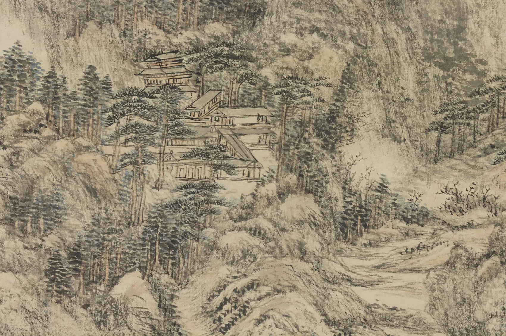 王原祁山水画《仿王蒙夏日山居图》局部 (2)