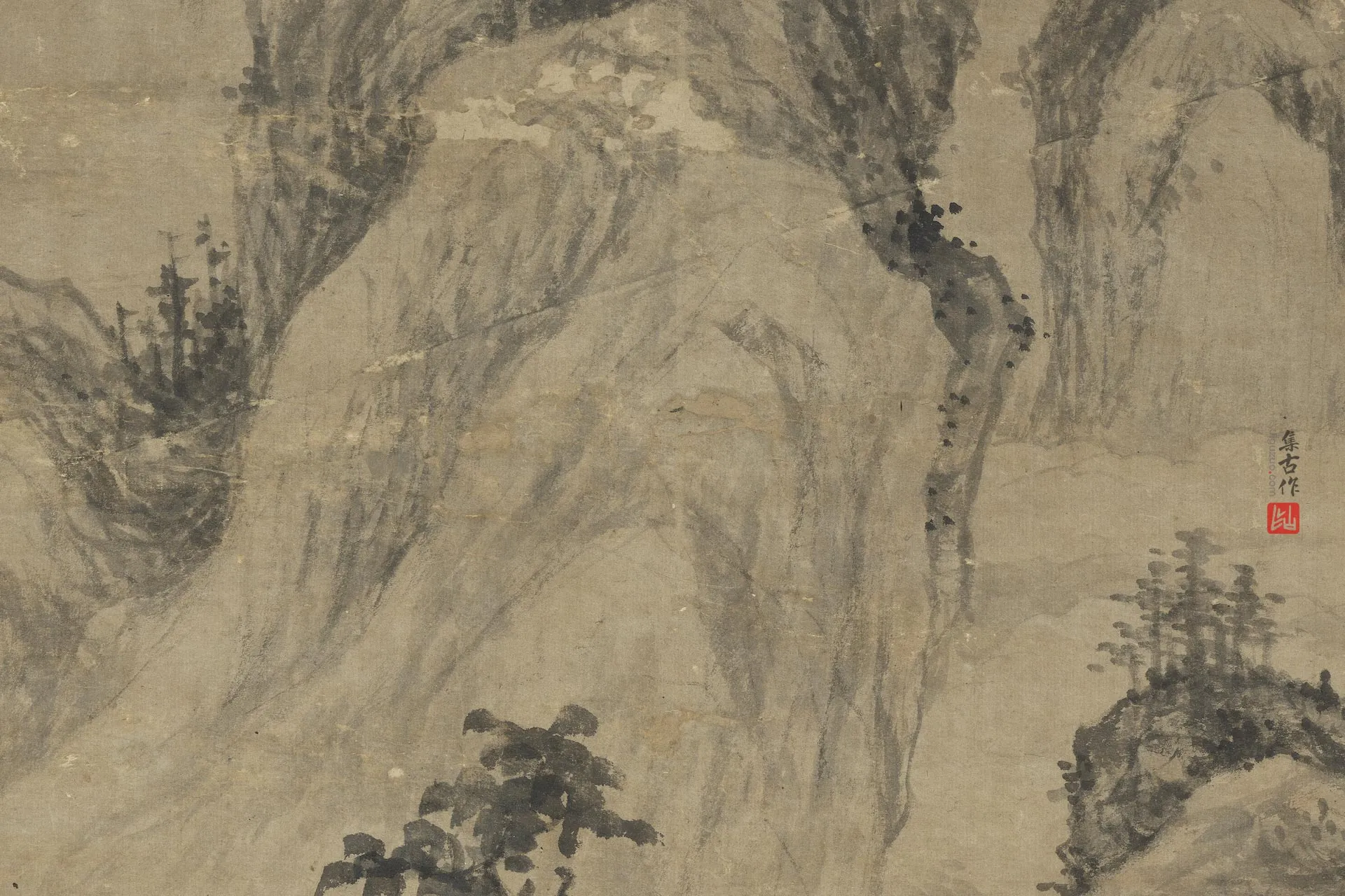 王绂水墨山水《溪亭高话图》局部 (2)