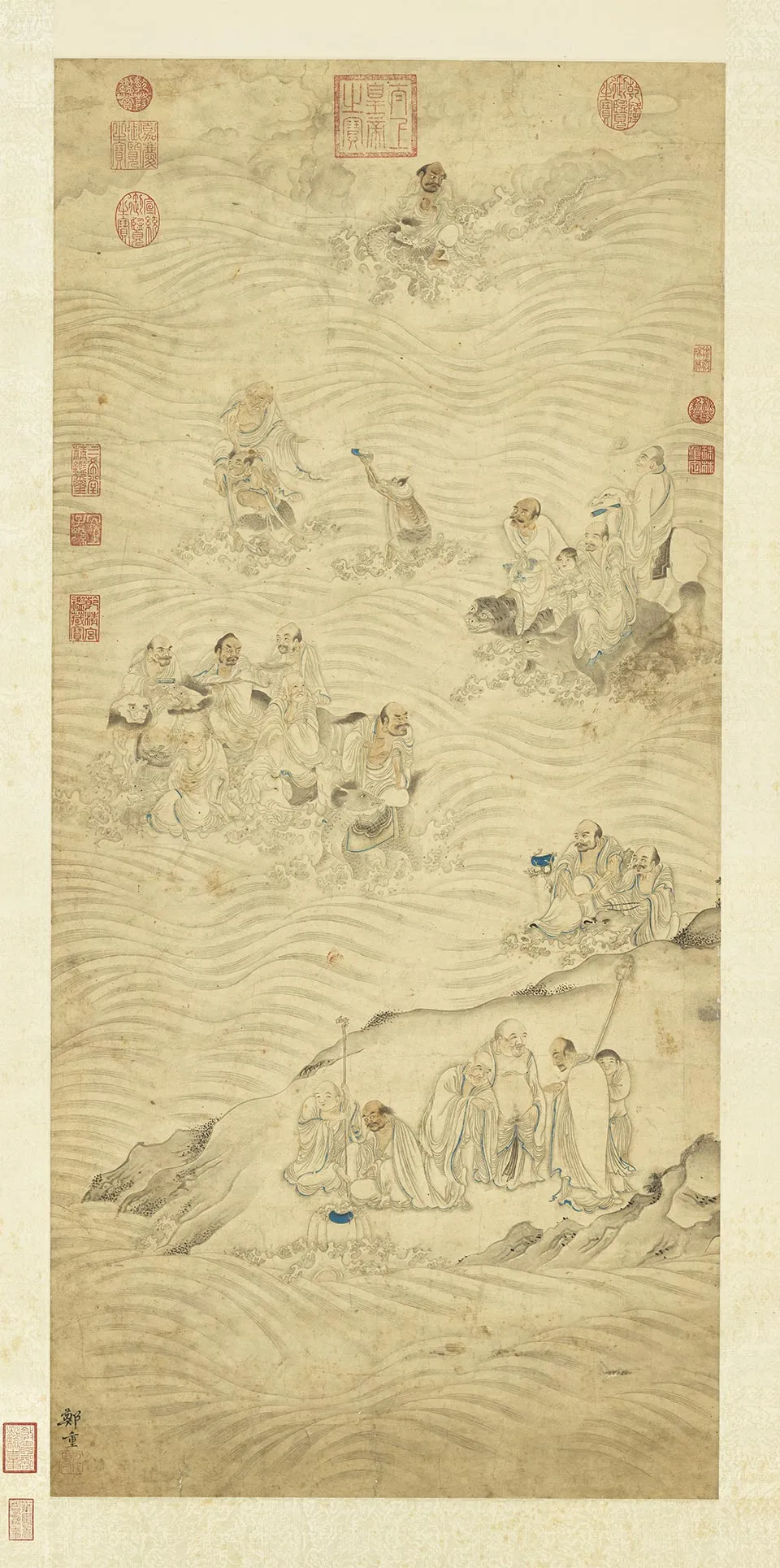 郑重佛道人物画《画十八应真像(十八罗汉渡海)》轴