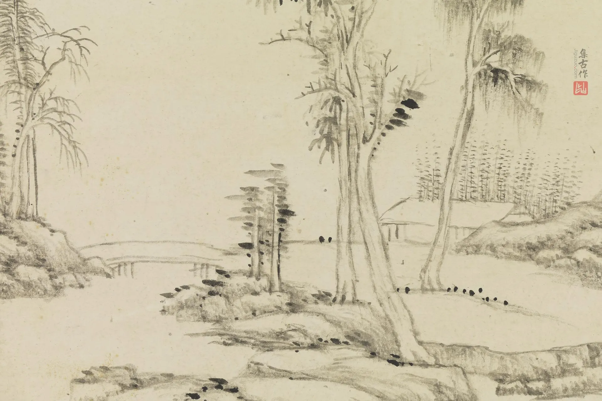 王原祁水墨山水《仿倪瓒山水》局部 (3)