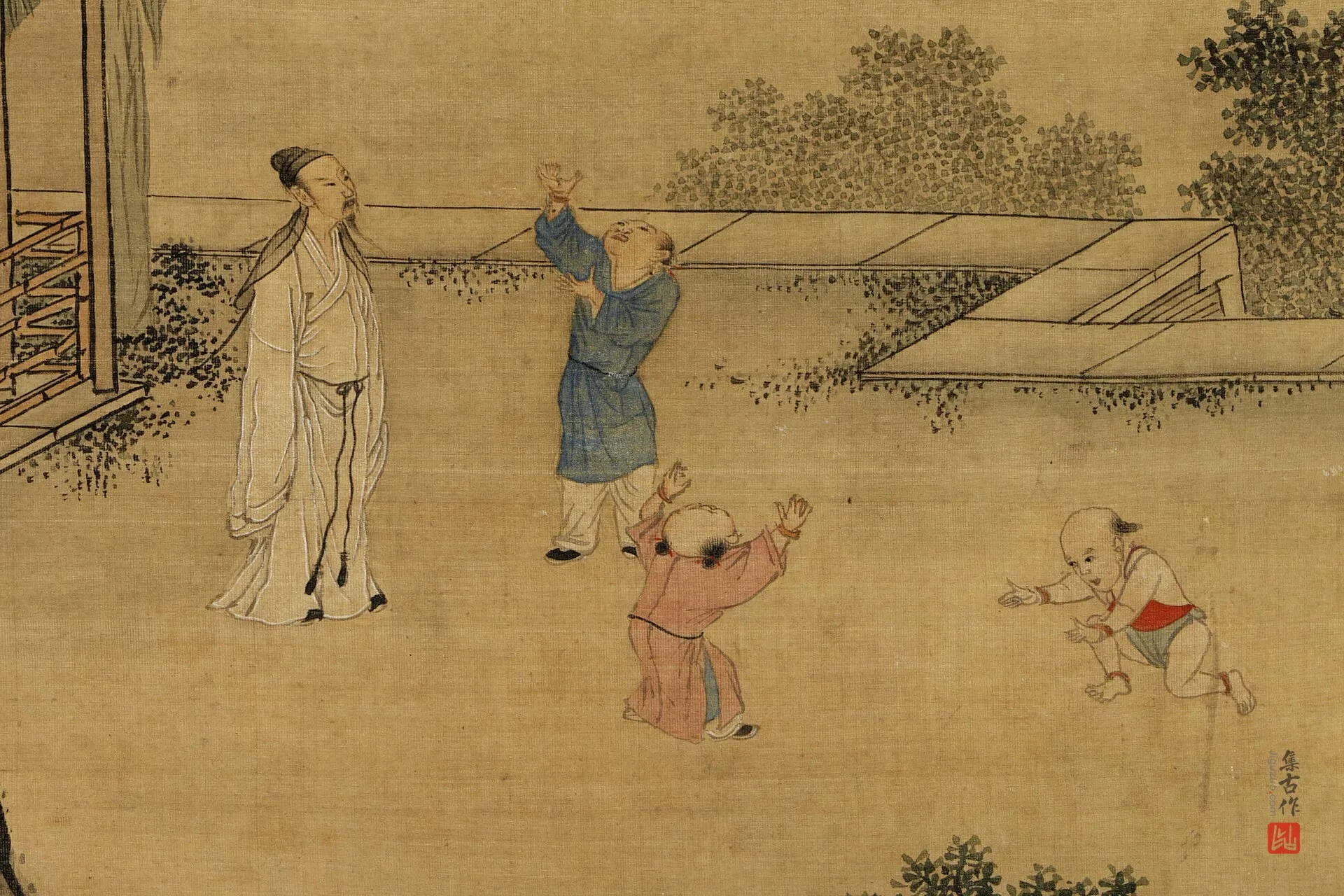 周臣《画闲看儿童捉柳花句意图》局部 (1)