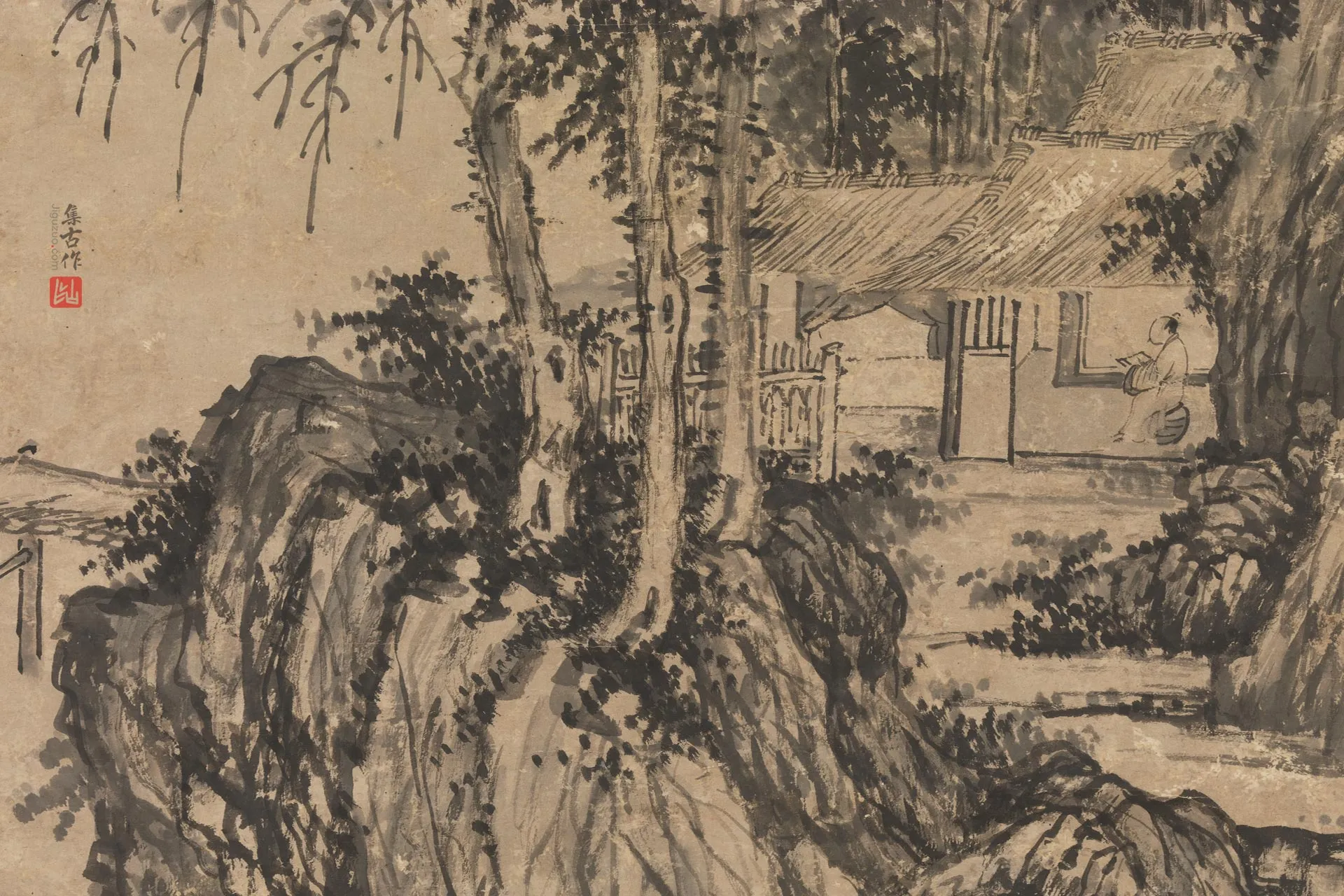 王绂水墨山水《勘书图》局部 (1)