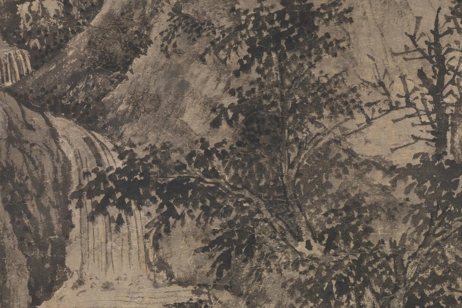 王绂水墨山水画《草堂云树图》局部 (3)