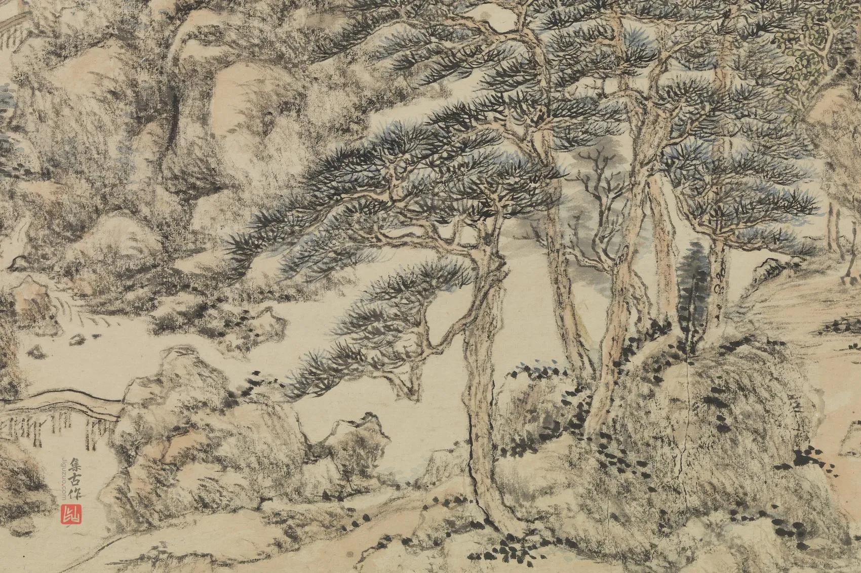 王原祁山水画《仿王蒙夏日山居图》局部 (3)