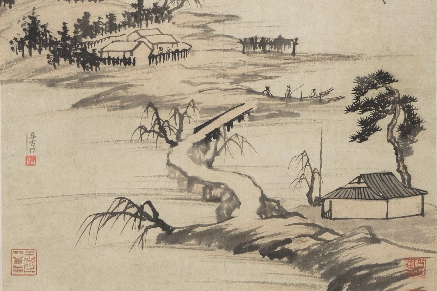 石涛水墨山水画《忆箇山僧图》局部 (2)