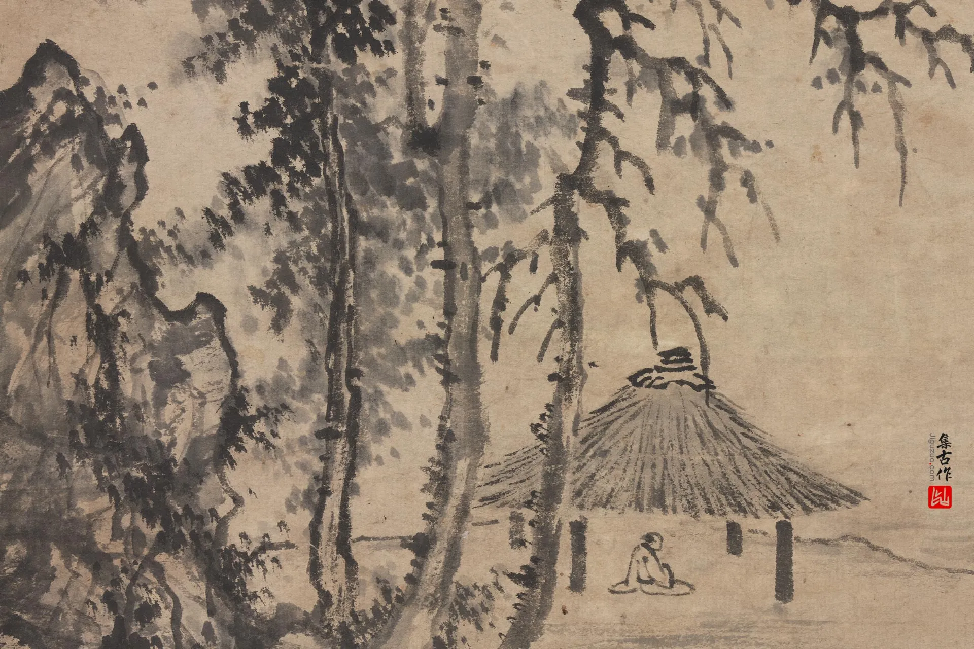 王绂水墨山水《草亭烟树图》局部 (2)