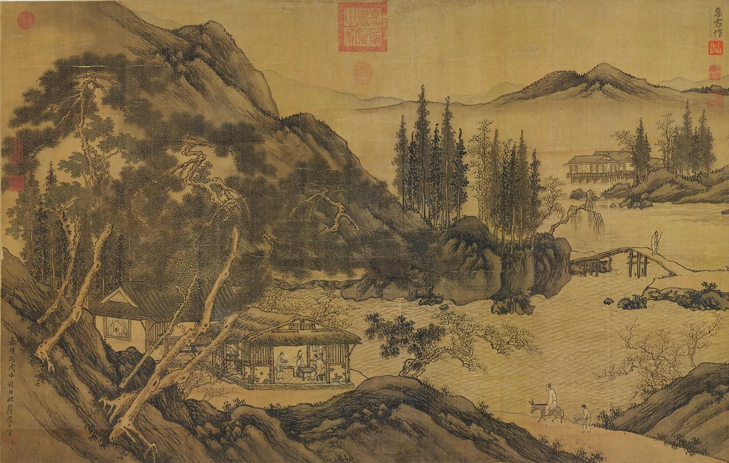 周臣山水画《松窗对奕图》轴
