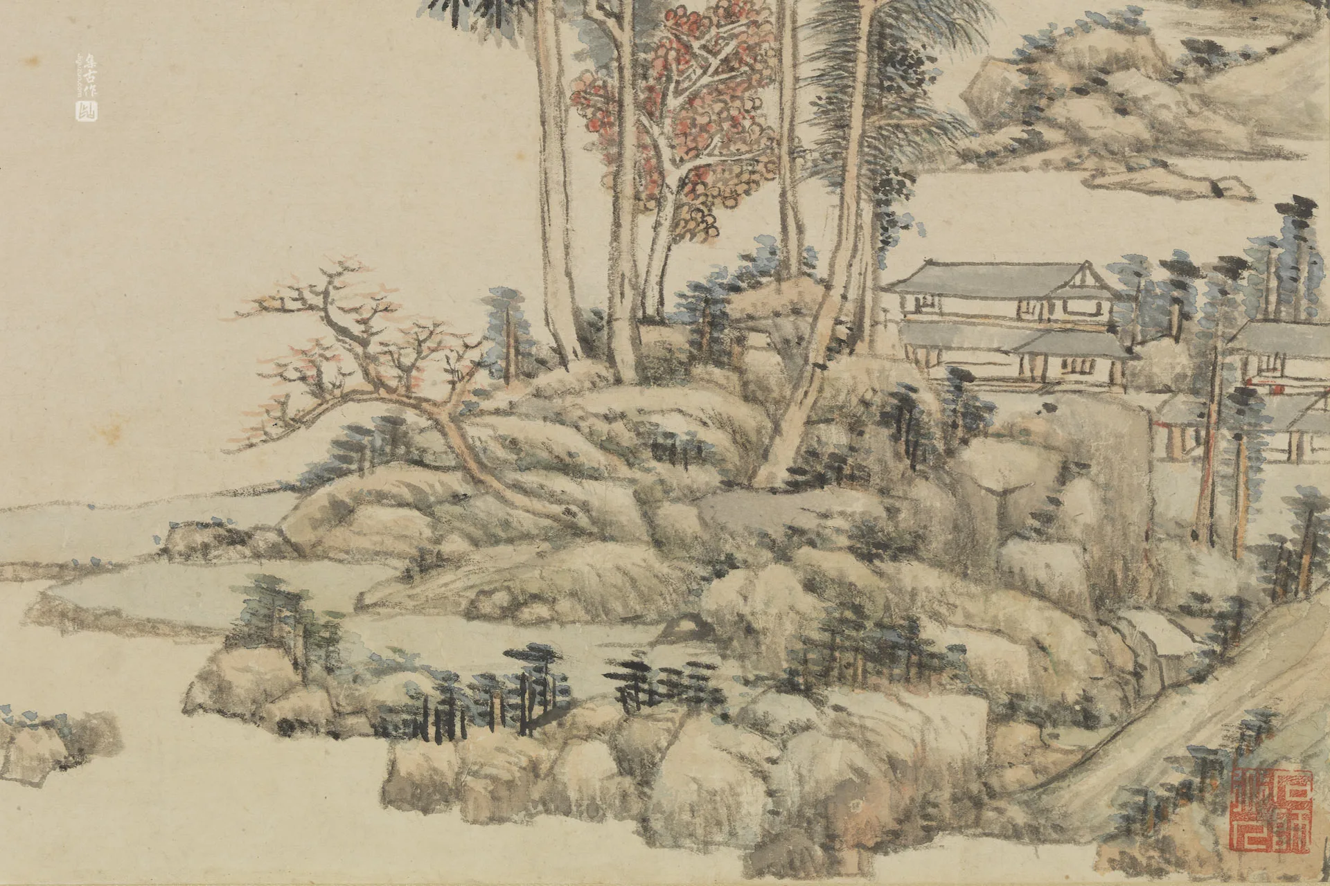 王原祁山水画《仿大痴虞山秋色图》局部 (1)