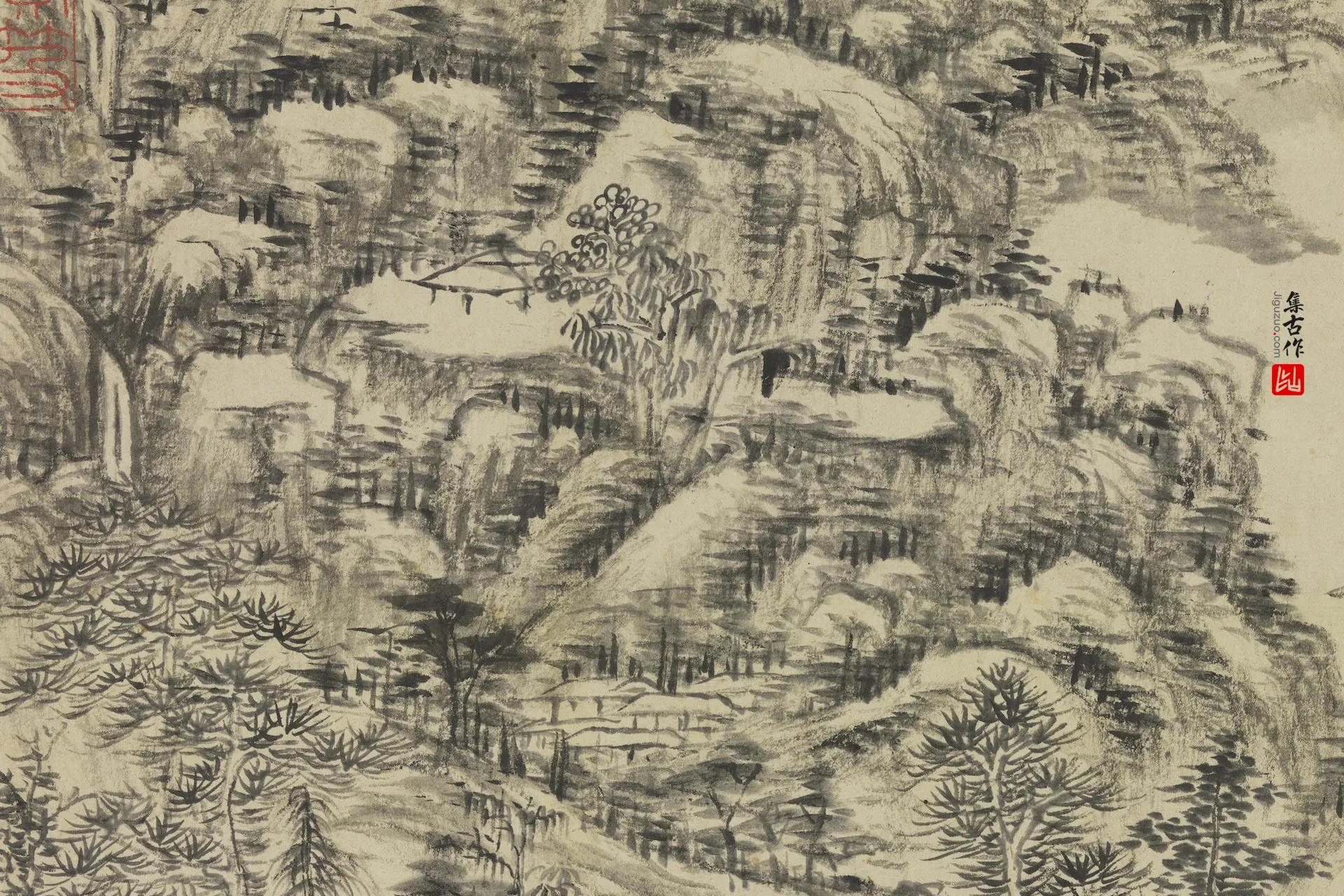 王原祁山水画《仿黄公望山水》局部 (2)