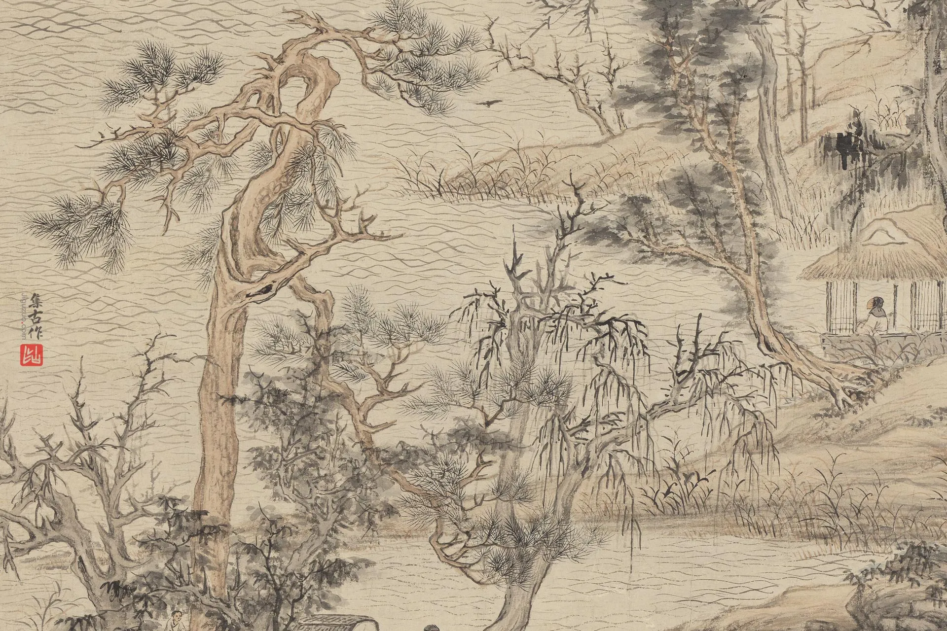 王绂山水画《秋江泛艇图》局部 (2)