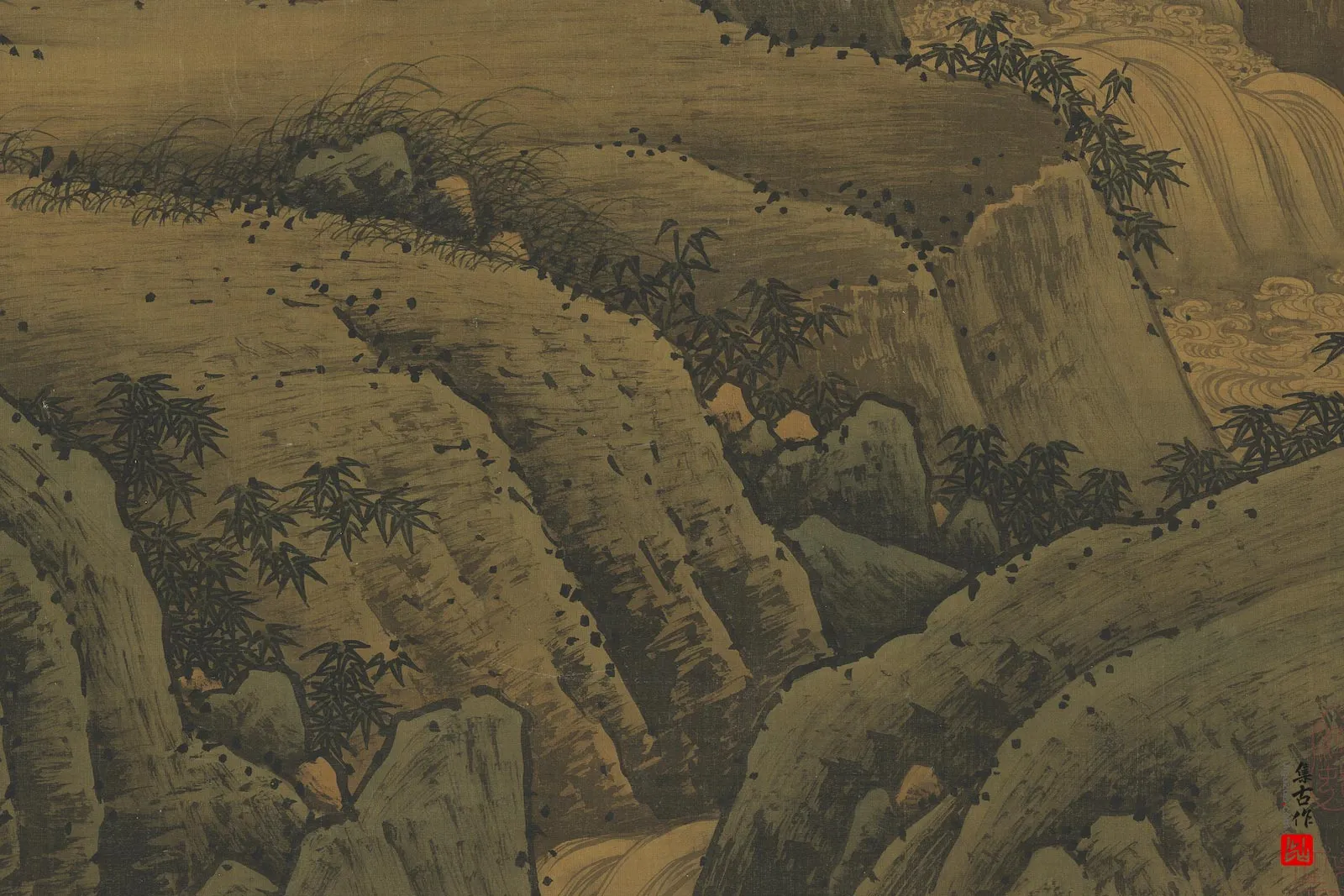周臣清山水人物画《泉听阮图》局部 (2)