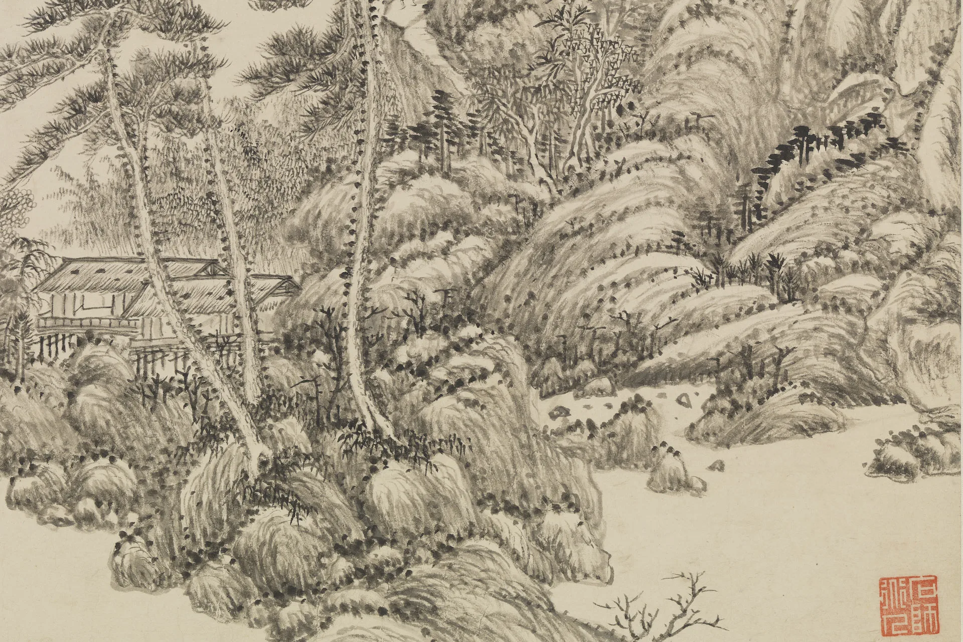 王原祁水墨山水仿黄鹤山(王蒙)樵笔局部 (1)
