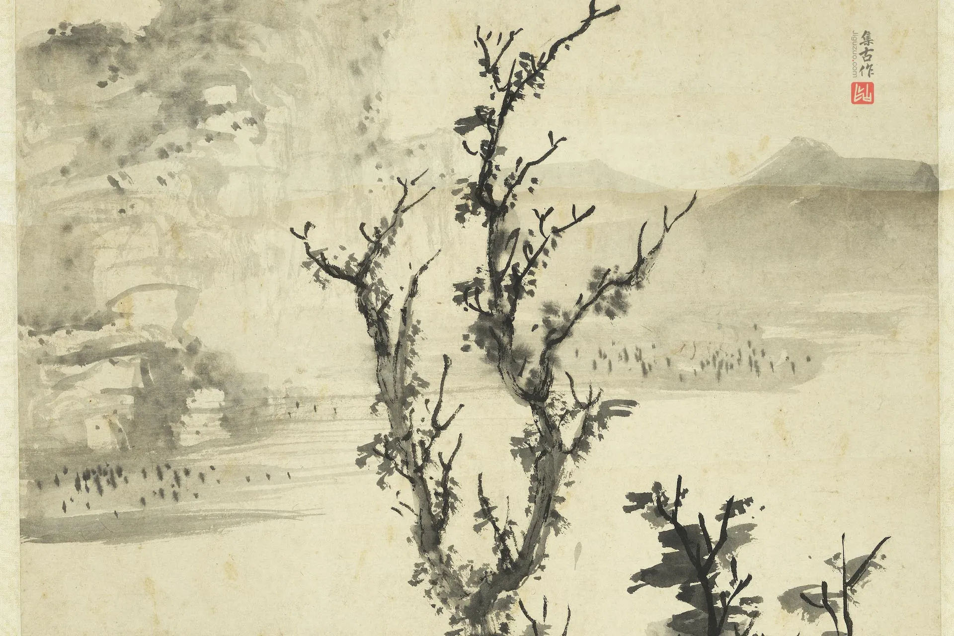 王铎水墨画山水轴局部 (2)