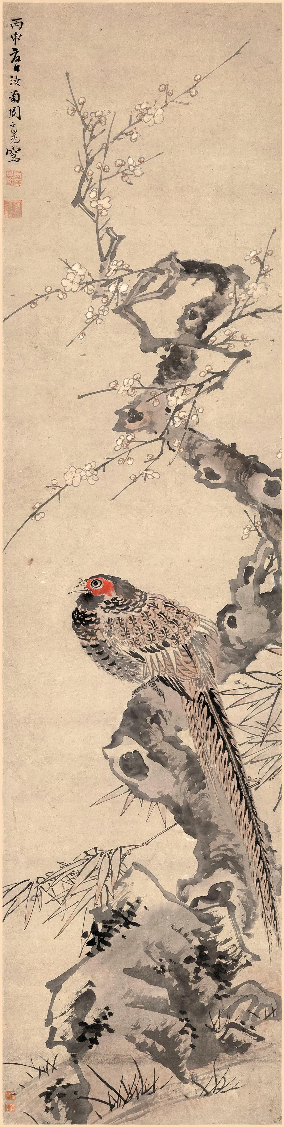周之冕花鸟画《梅花野雉图》