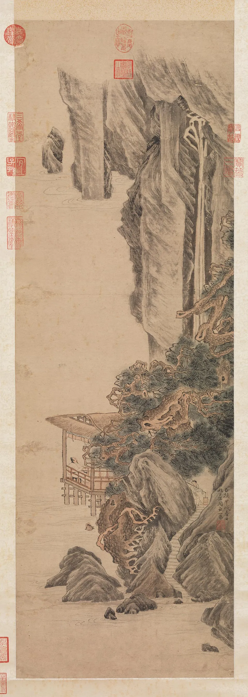 周臣山水画《松岩飞瀑图》轴