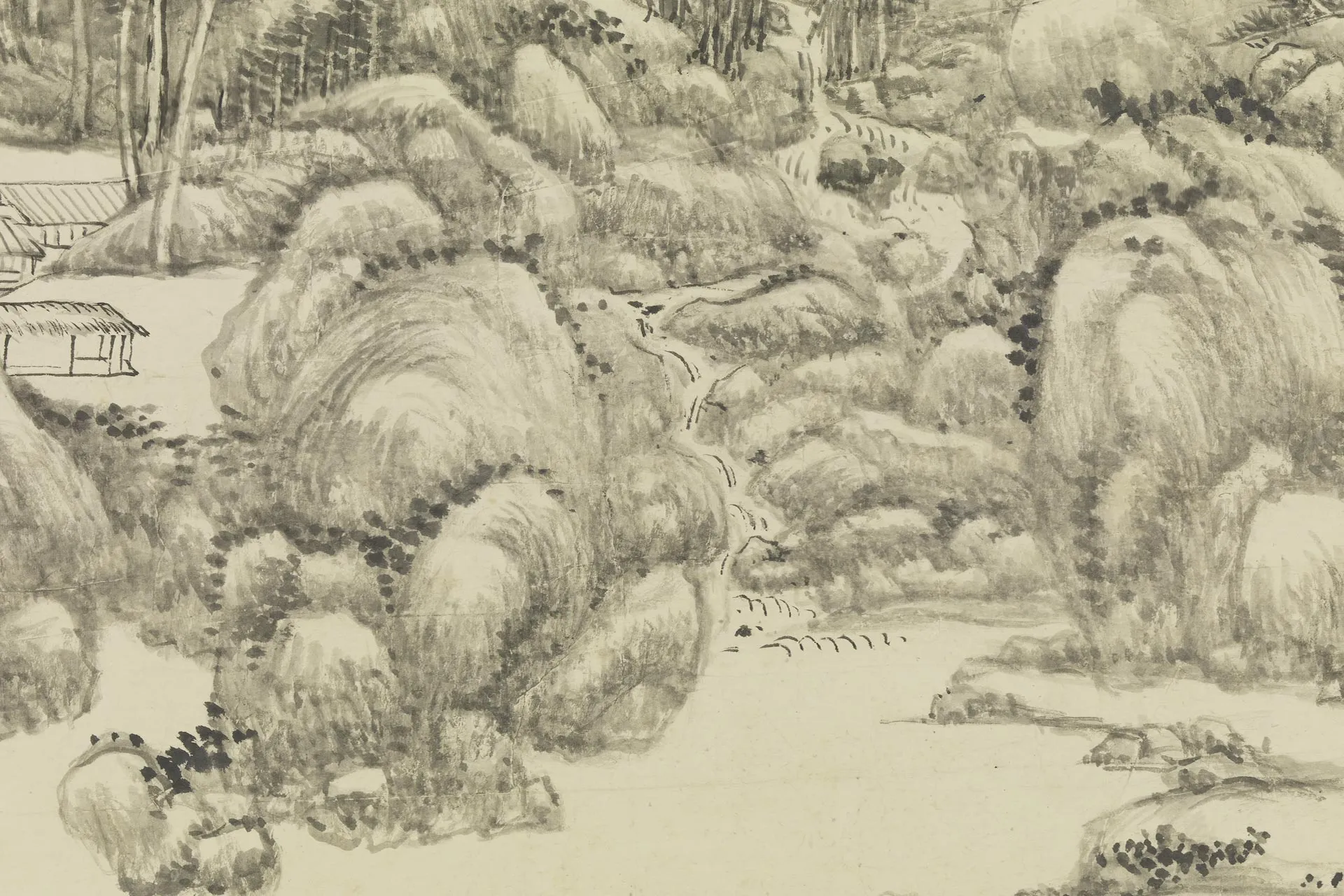 王原祁水墨山水《烟浮远岫图》局部 (4)