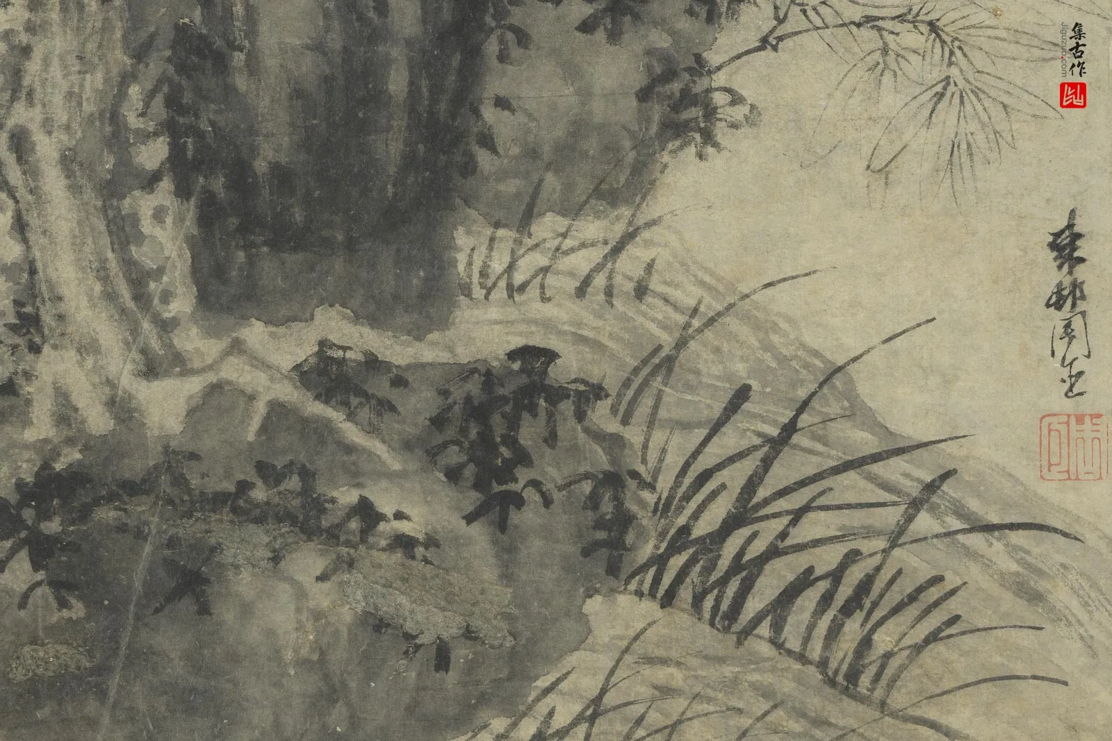 周臣水墨画《画竹柏图》局部 (1)