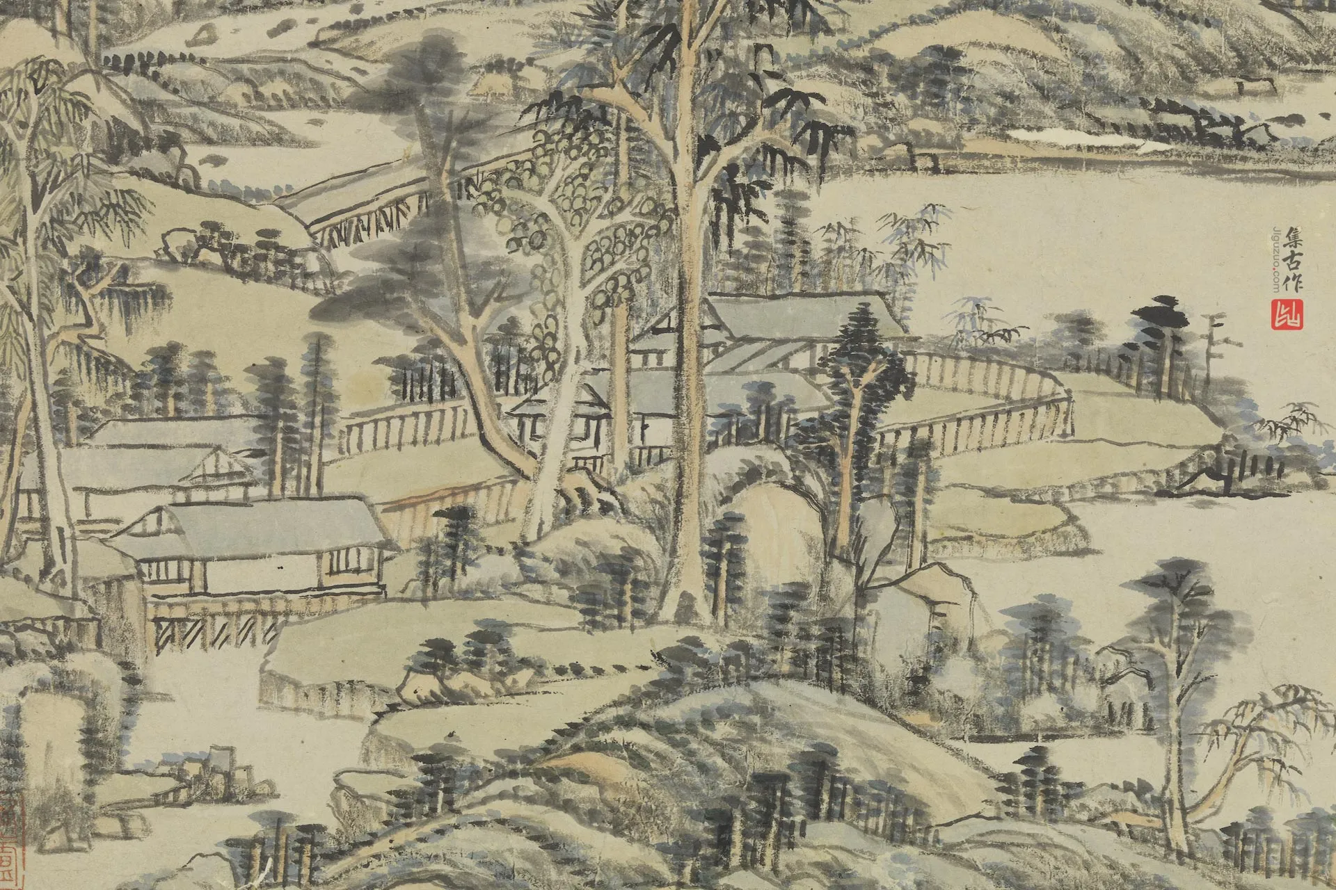 王原祁山水画《溪崦林庐图》局部 (3)