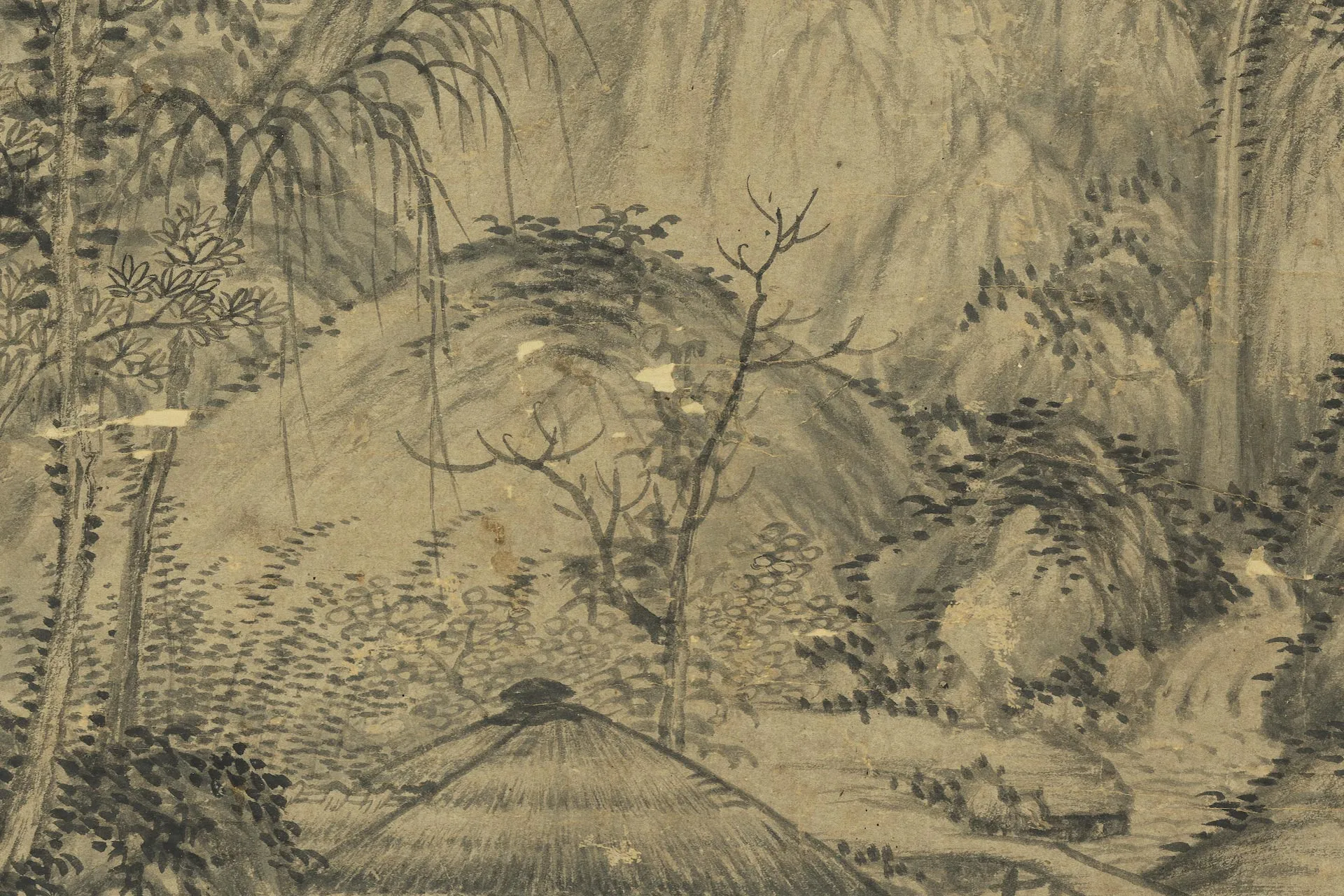 王绂水墨山水画《溪亭夜读图》局部 (4)