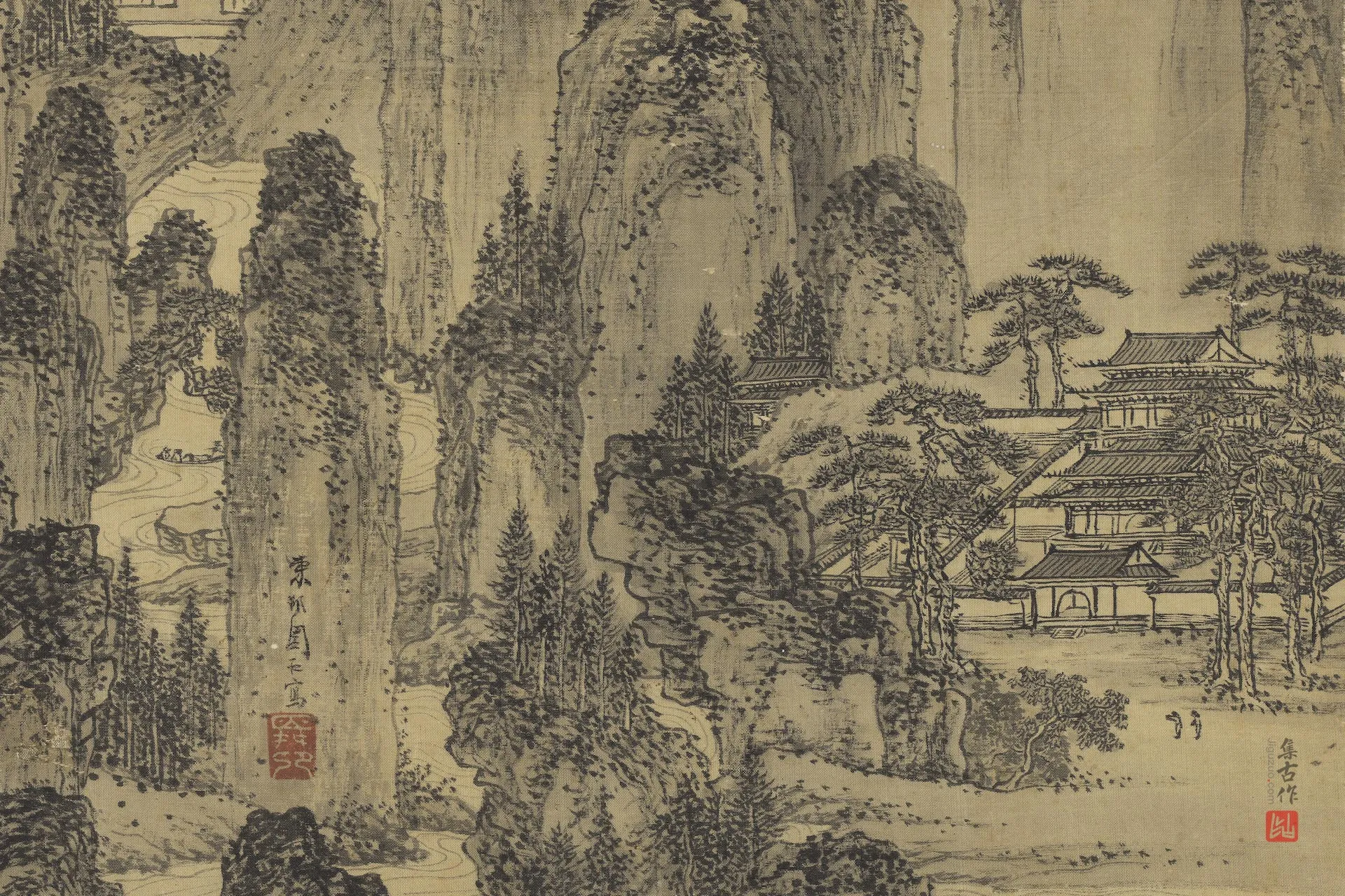 明周臣山水画轴局部 (1)