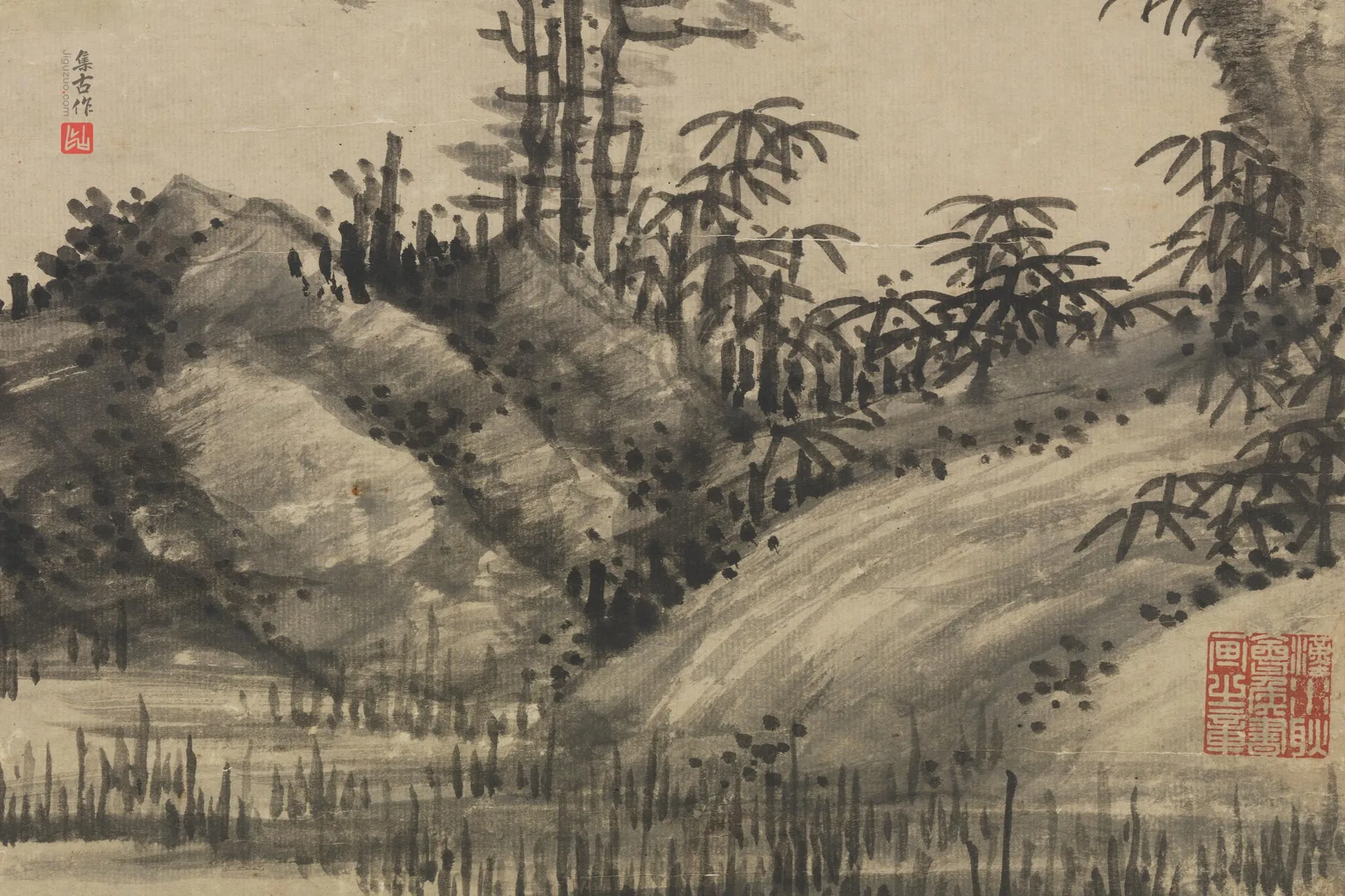 王绂水墨画《独树图》局部 (1)