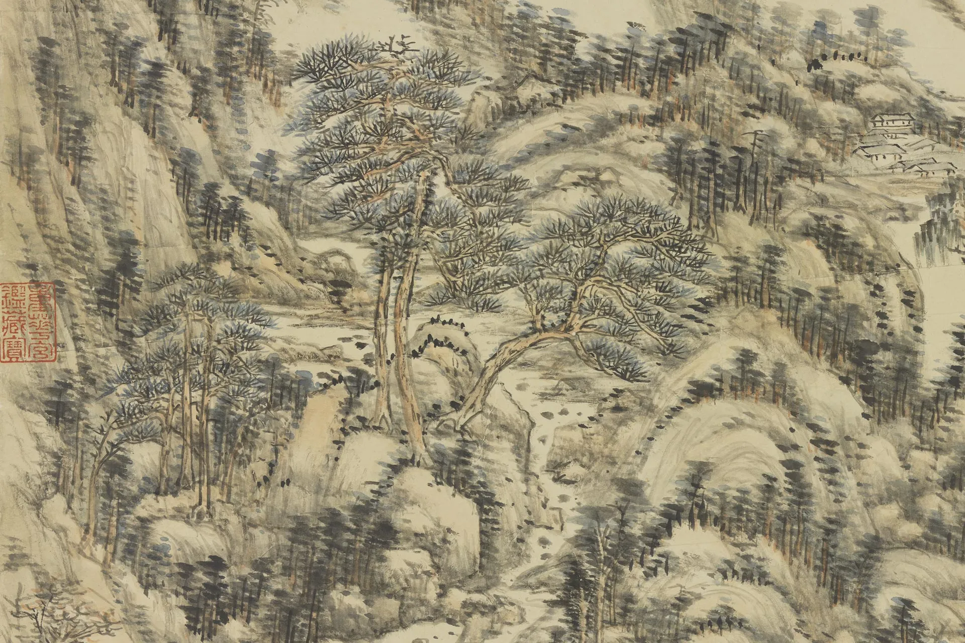 王原祁山水画《仿黄公望山水》局部 (2)