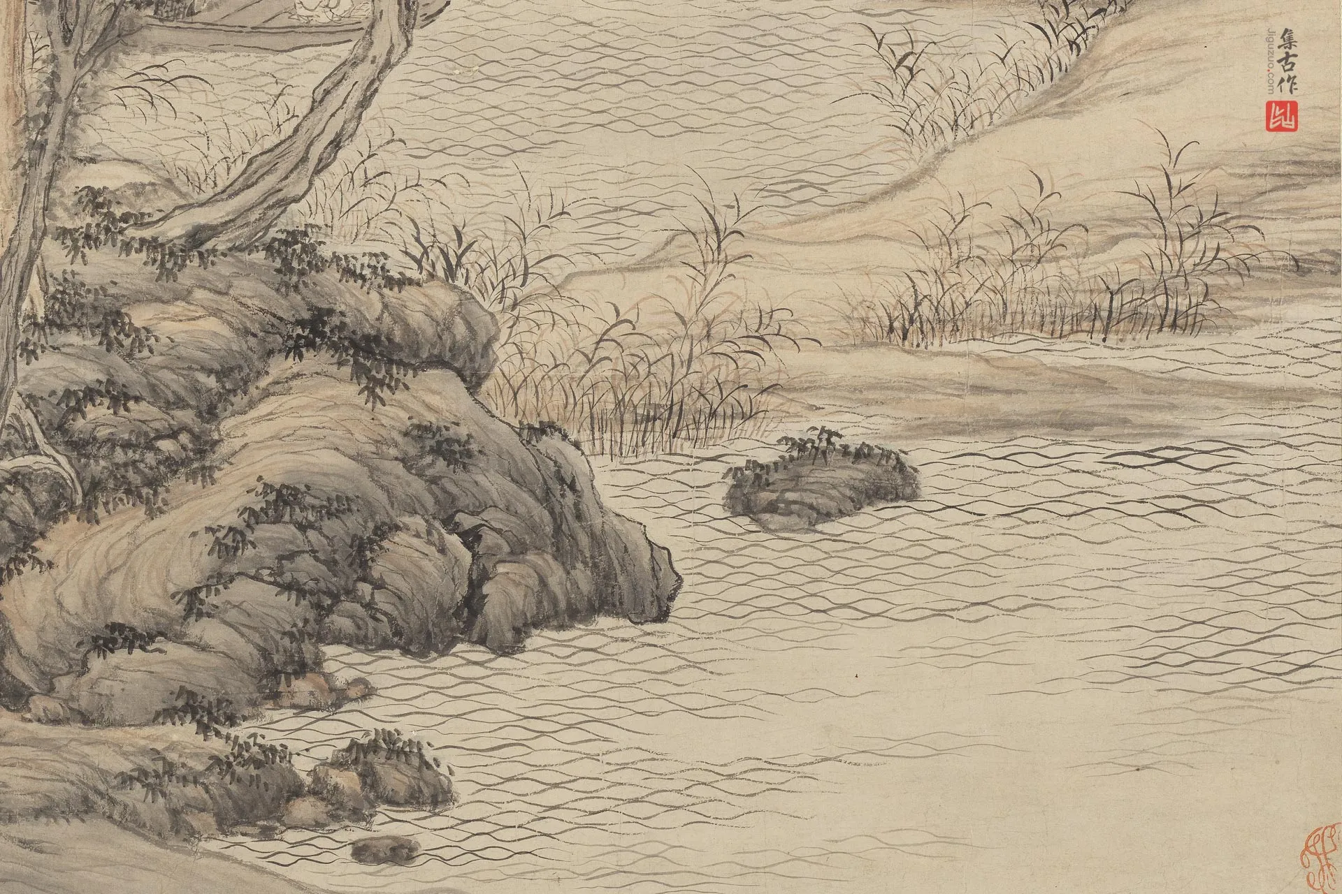王绂山水画《秋江泛艇图》局部 (3)