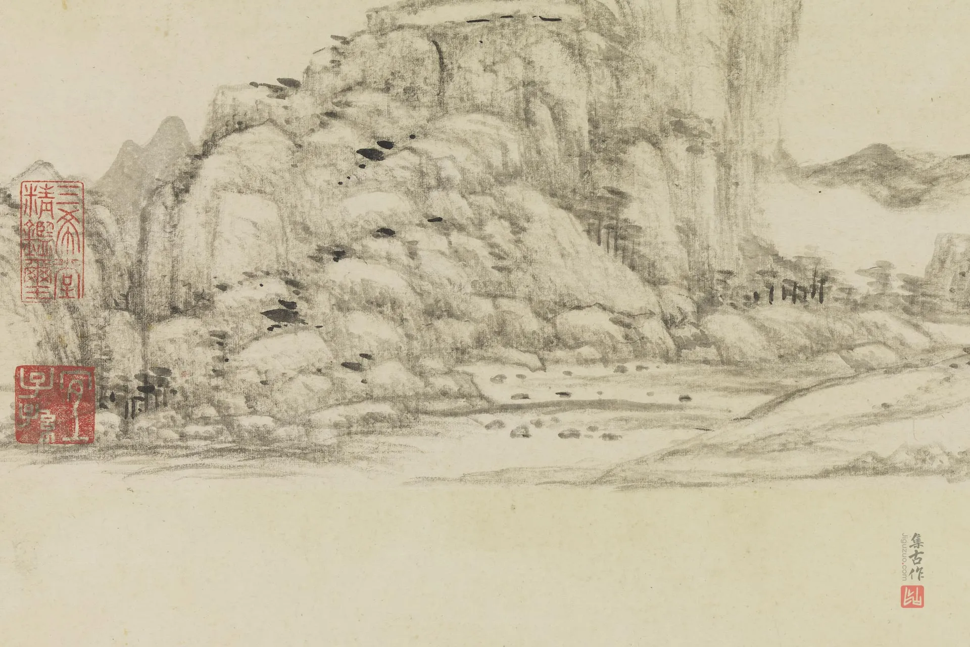 王原祁水墨山水《仿倪瓒山水》局部 (2)