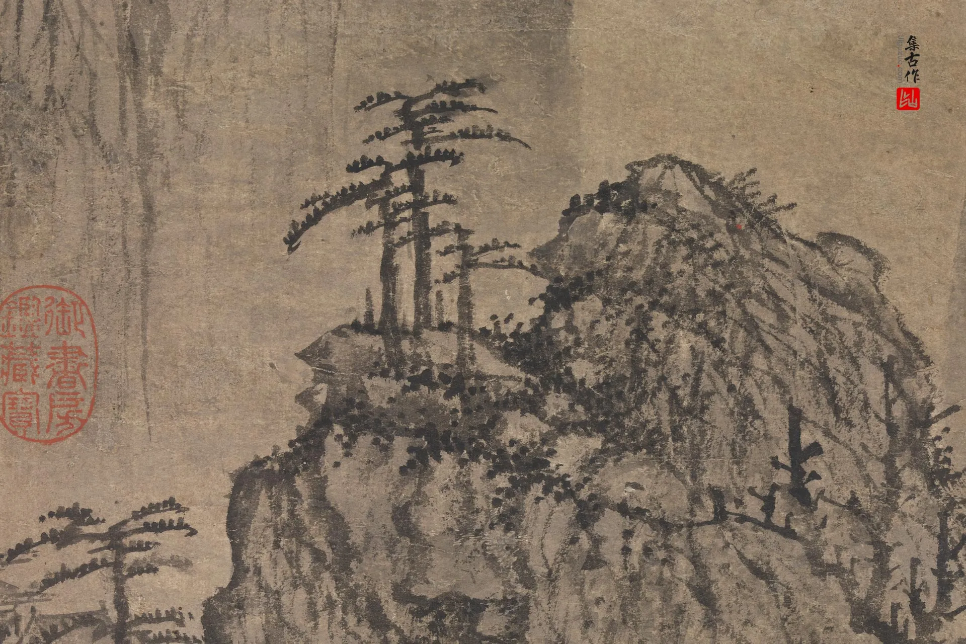 王绂水墨山水画《草堂云树图》局部 (5)