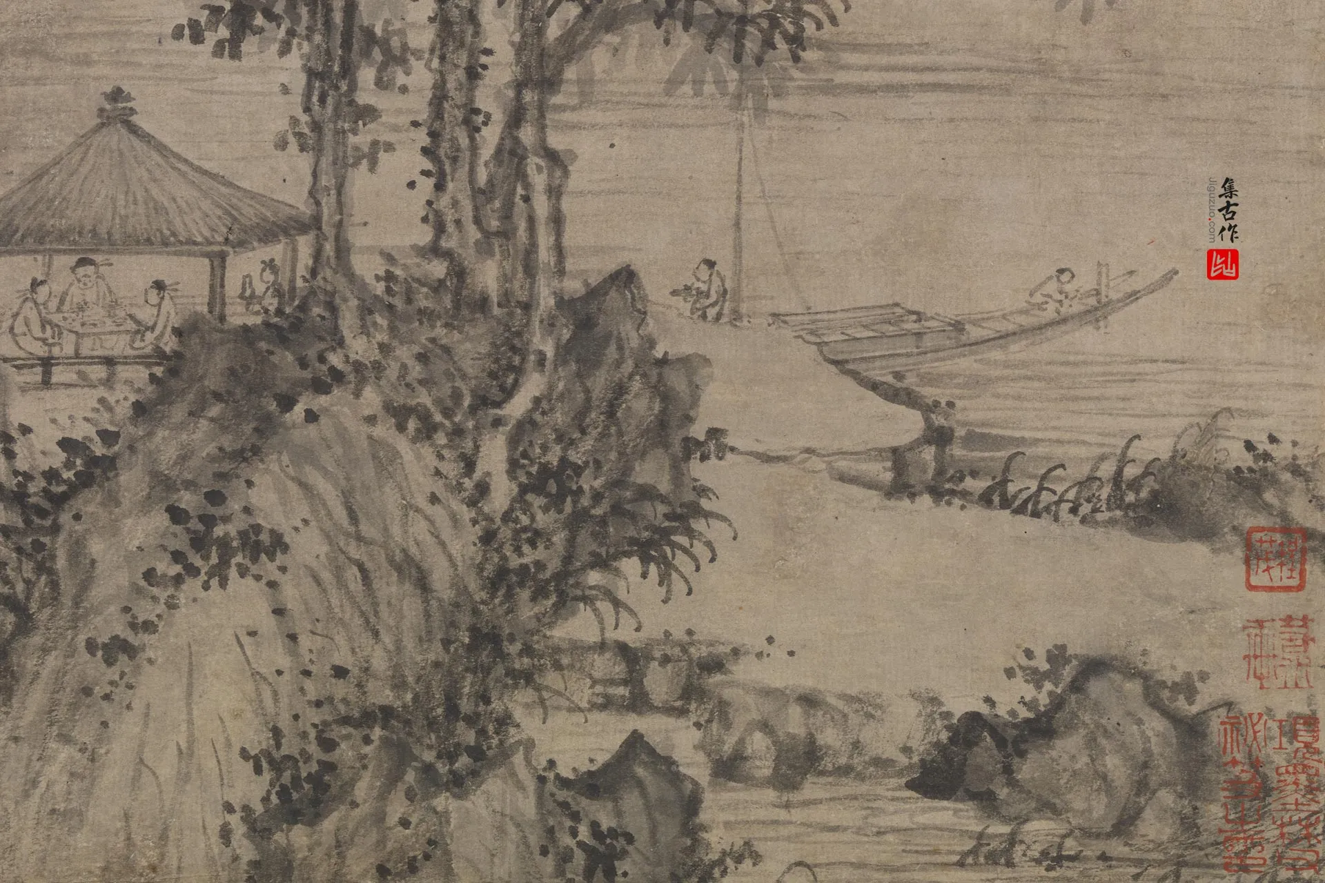 王绂水墨山水《画凤城饯咏图》局部 (4)