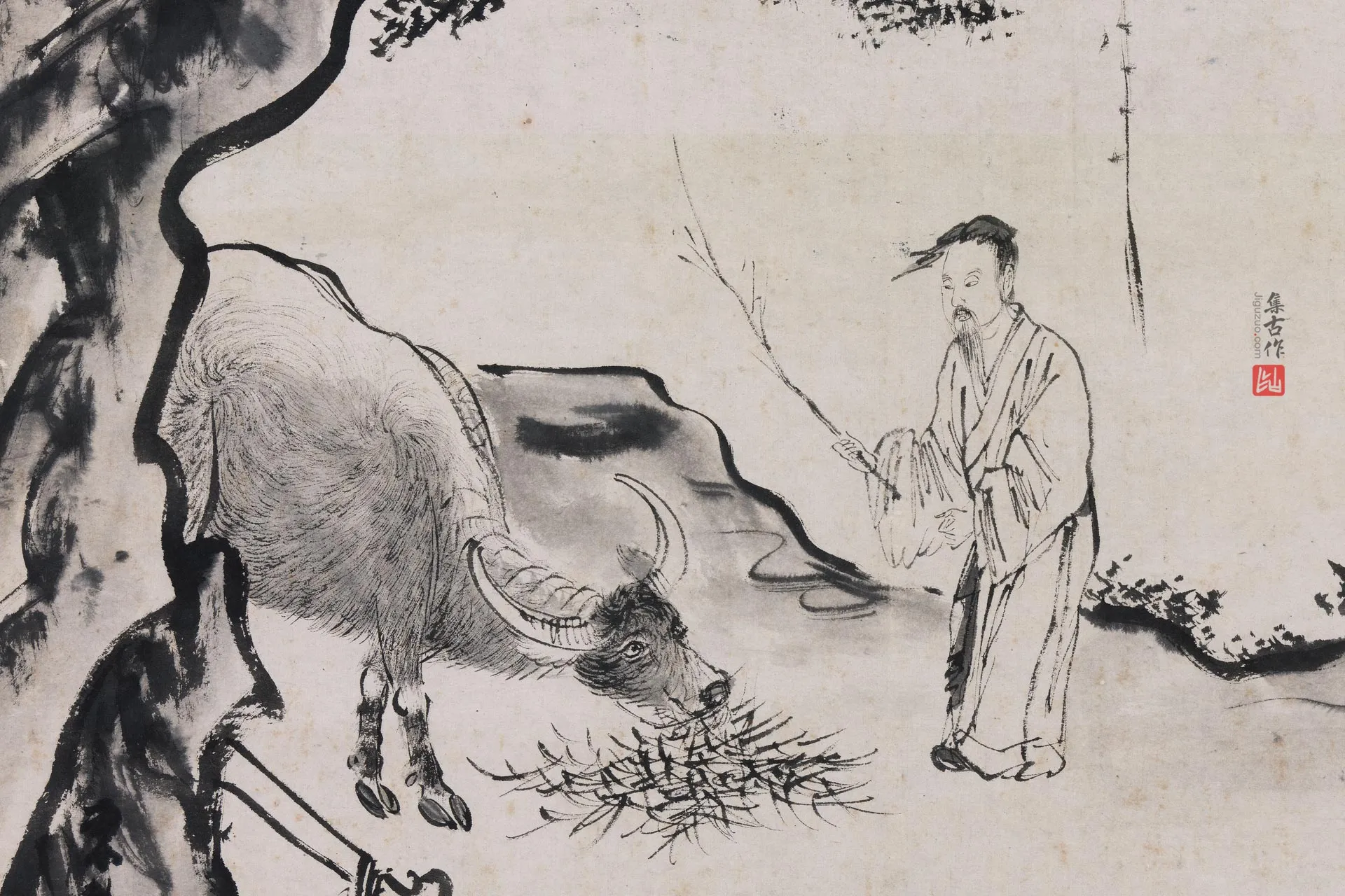 周臣水墨山水人物画《甯戚饭牛图》局部 (1)