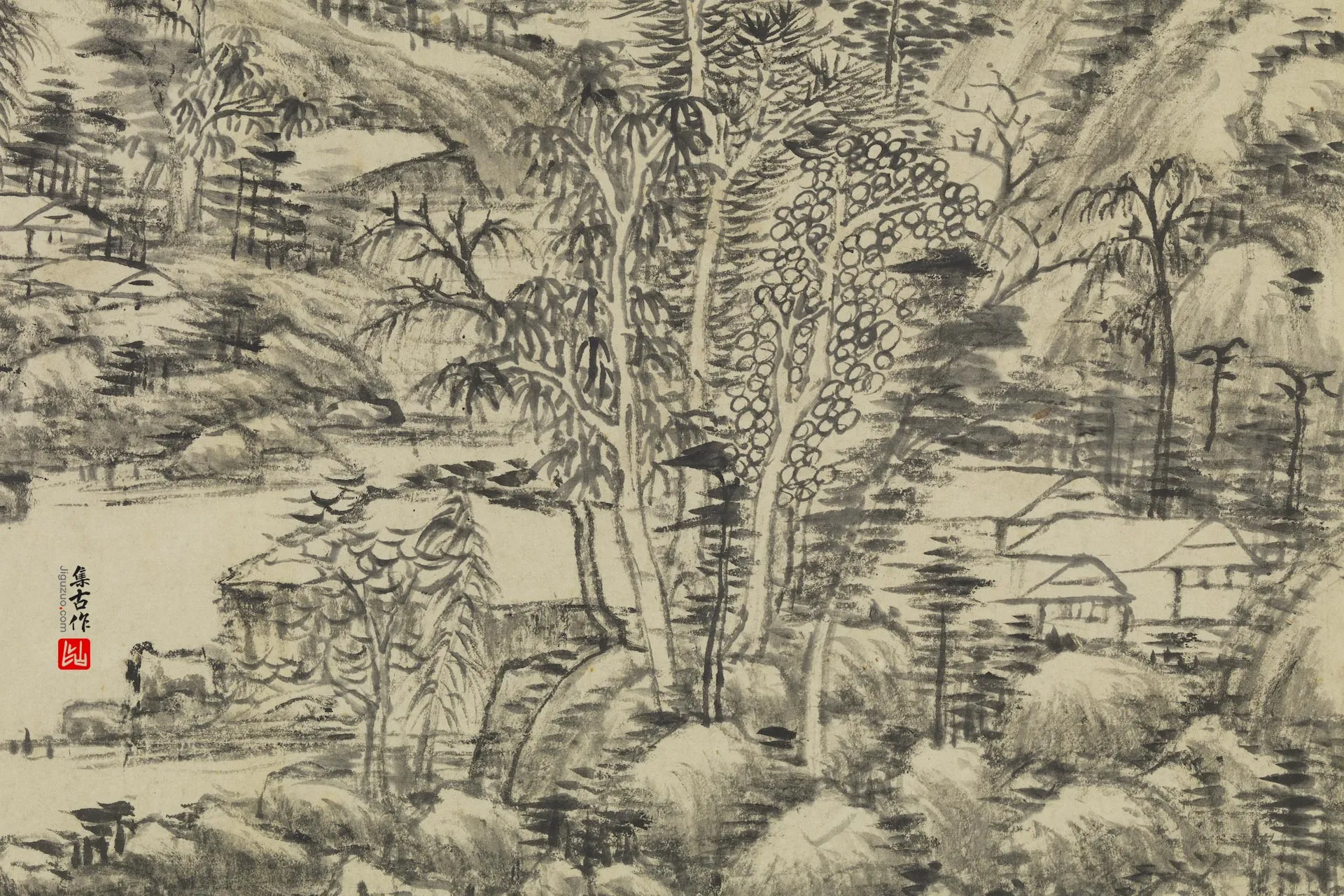 王原祁山水画《仿黄公望山水》局部 (3)