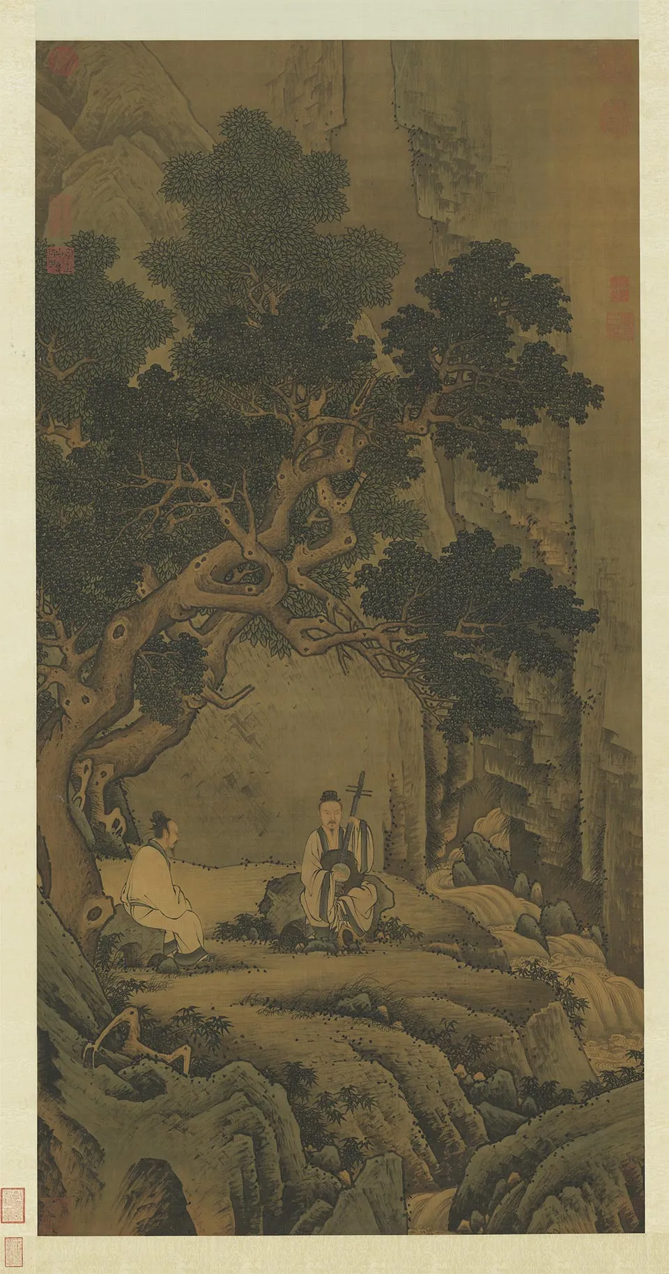 周臣清山水人物画《泉听阮图》轴