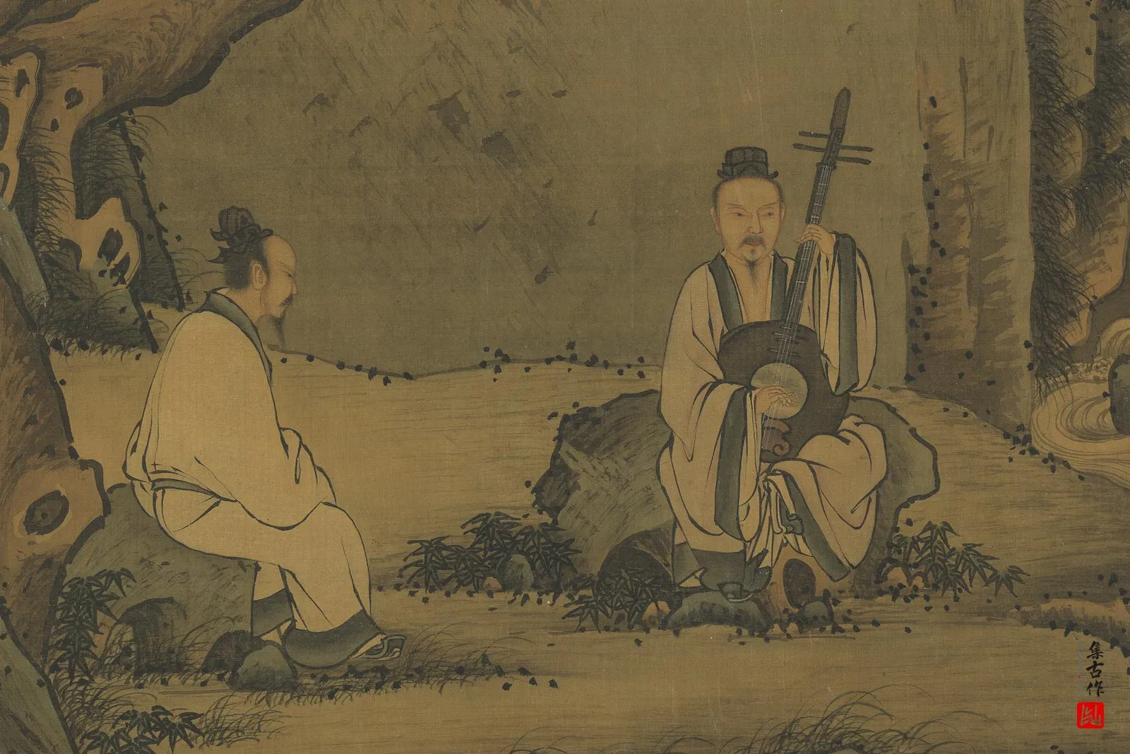 周臣清山水人物画《泉听阮图》局部 (1)