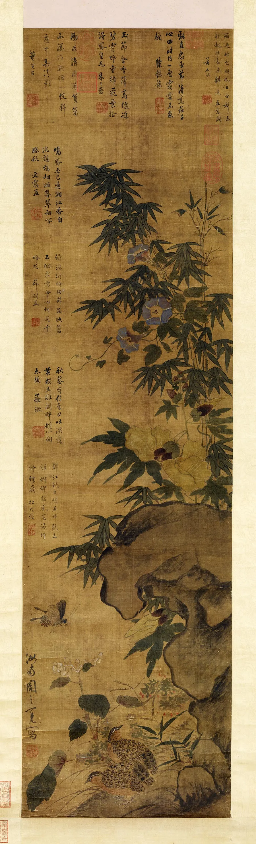 周之冕花鸟画《花竹鹌鹑图》轴