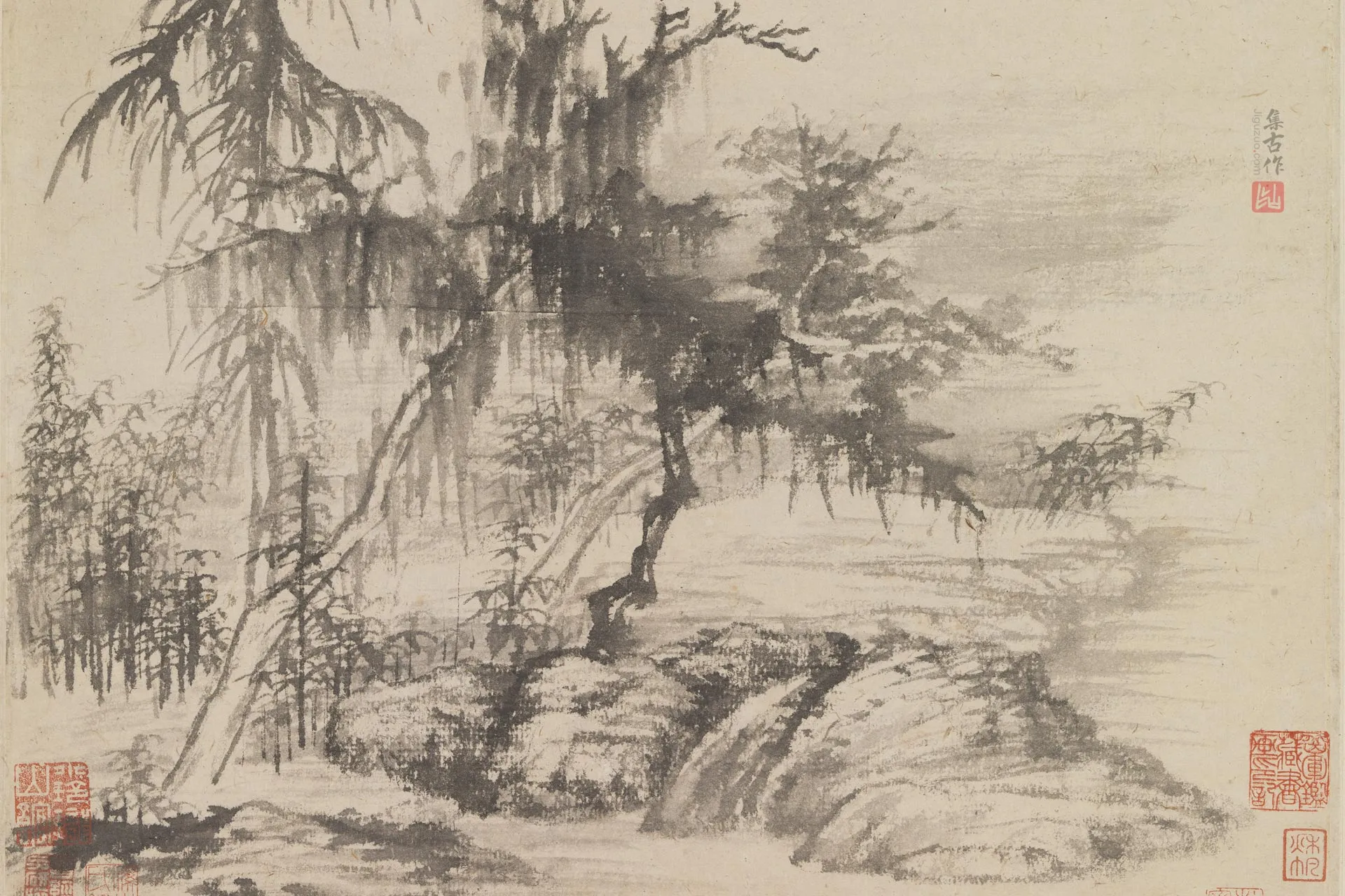 石涛水墨山水《霜山烟树图》局部 (2)