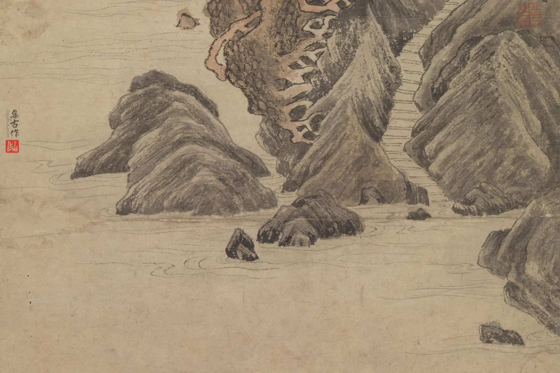 周臣山水画《松岩飞瀑图》局部 (3)