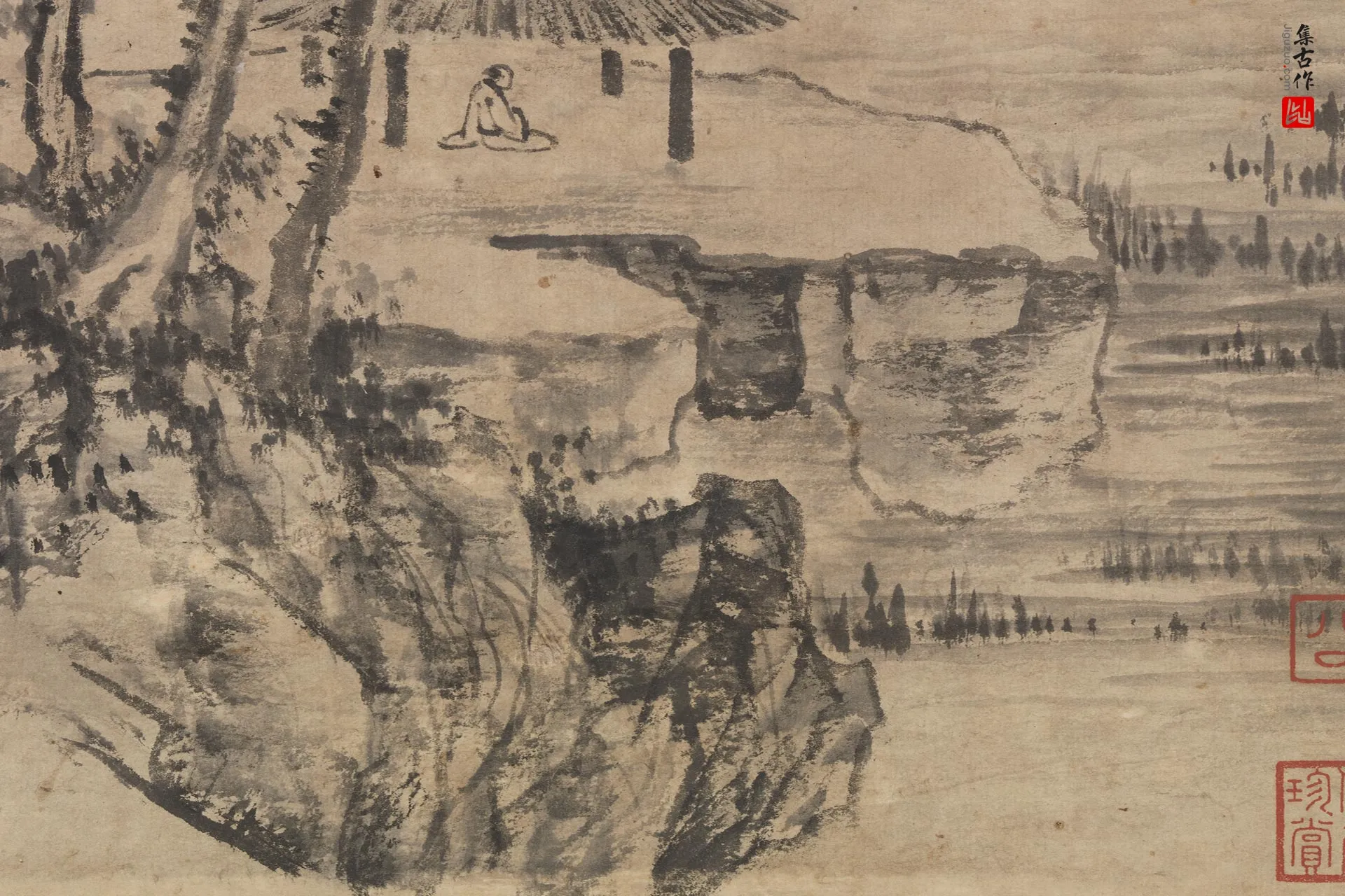 王绂水墨山水《草亭烟树图》局部 (1)