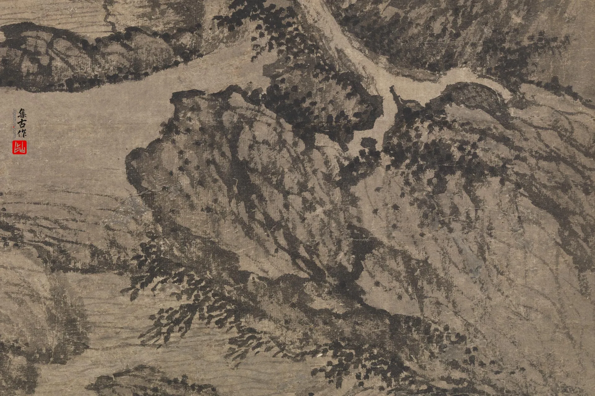 王绂水墨山水画《草堂云树图》局部 (1)