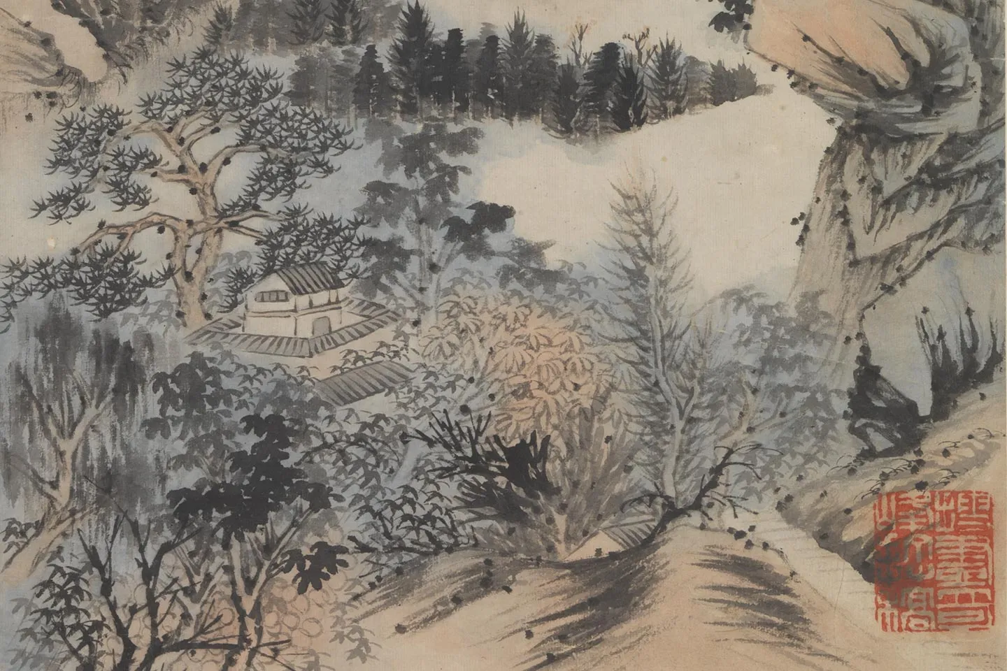 石涛山水画《黄山洁空金碧图》局部 (1)