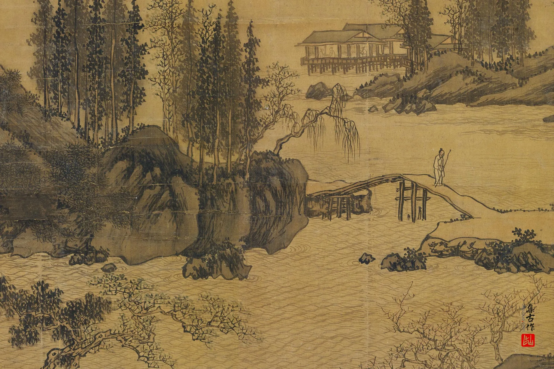 周臣山水画《松窗对奕图》局部 (1)
