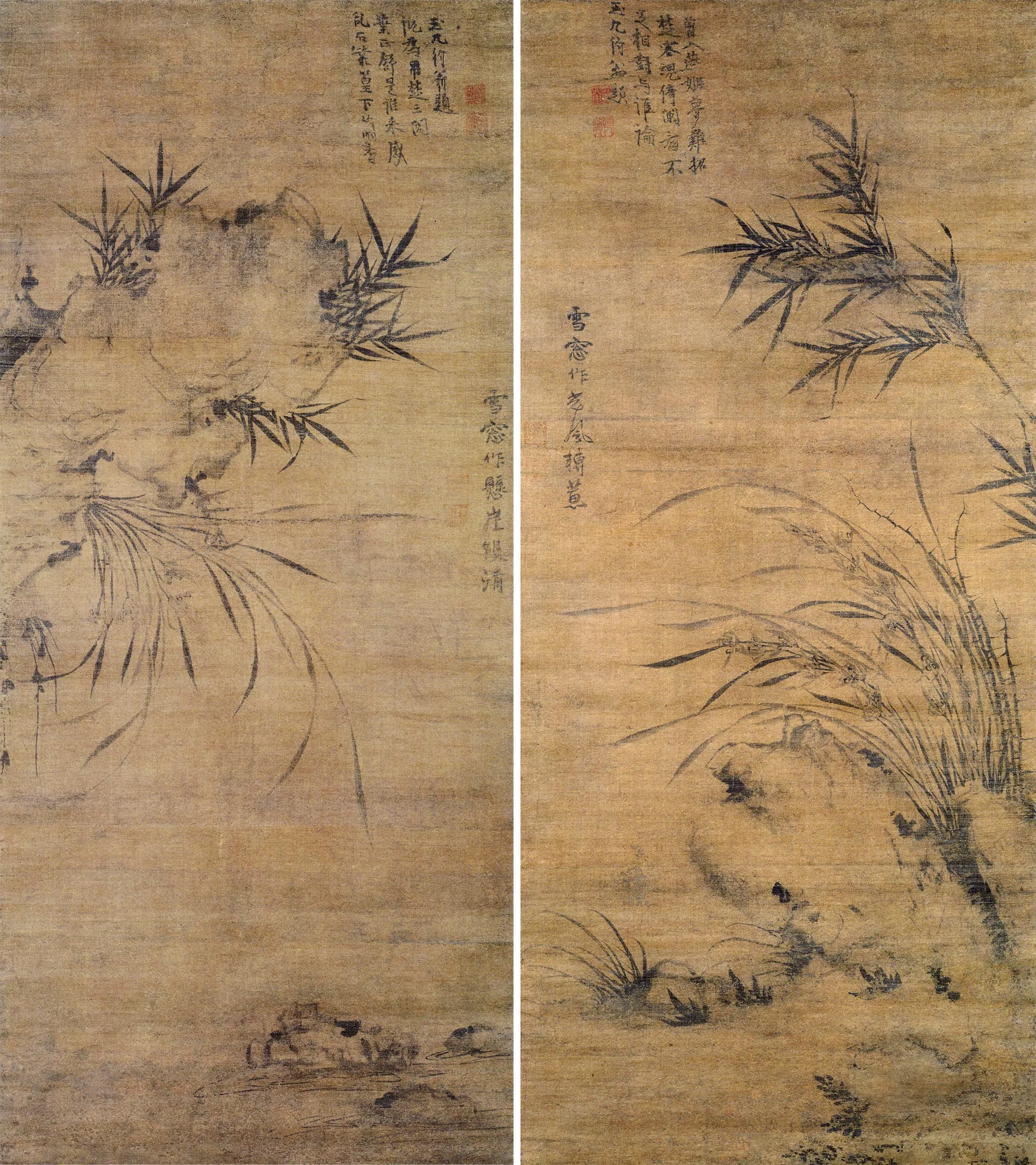 释普明《光风转蕙图》《悬崖双清图》墨兰对幅
