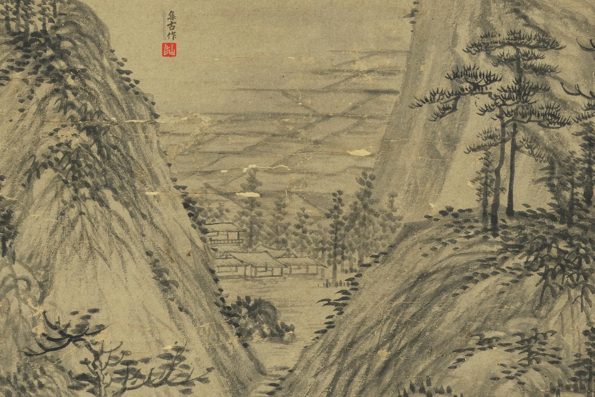 王绂水墨山水画《溪亭夜读图》局部 (3)