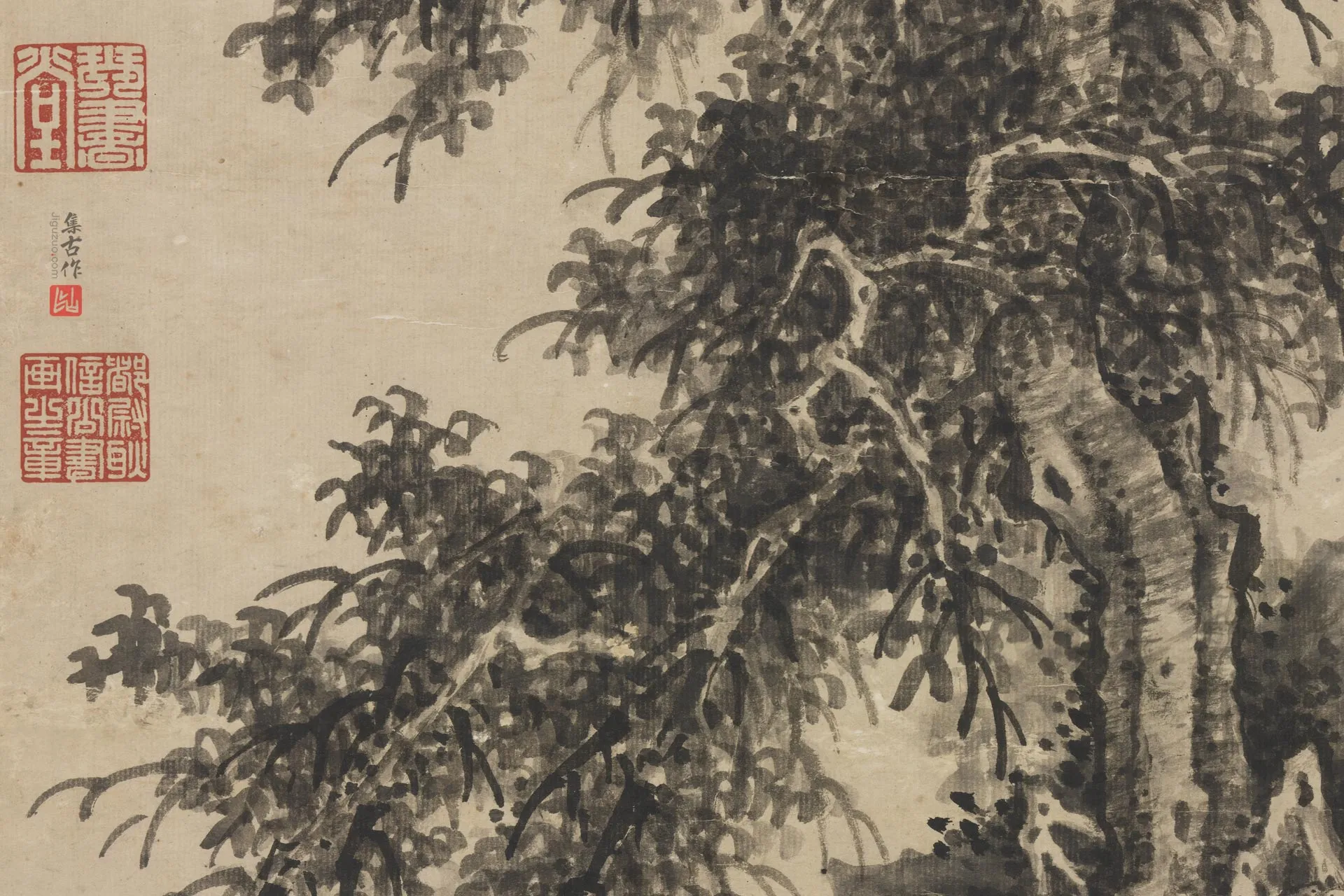 王绂水墨画《独树图》局部 (3)