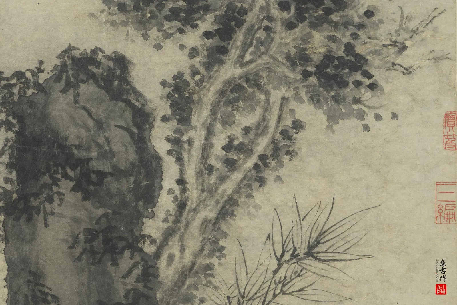 周臣水墨画《画竹柏图》局部 (2)