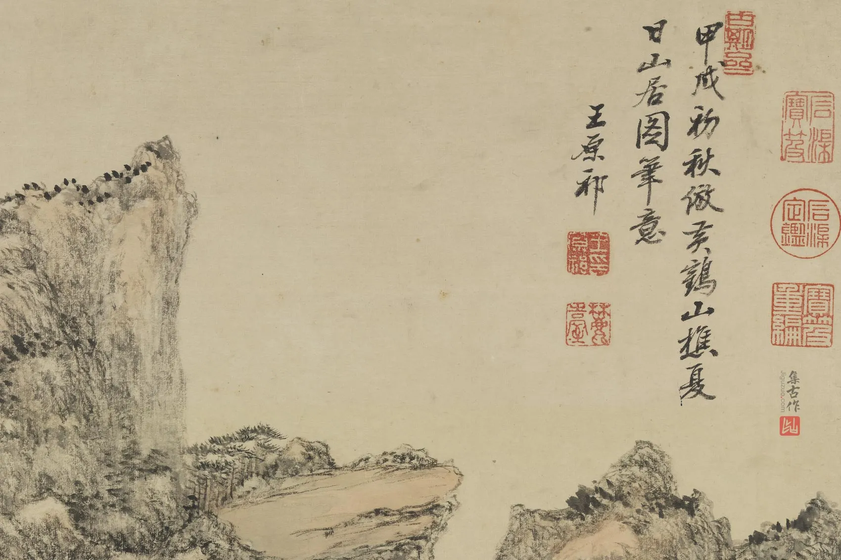 王原祁山水画《仿王蒙夏日山居图》局部 (1)