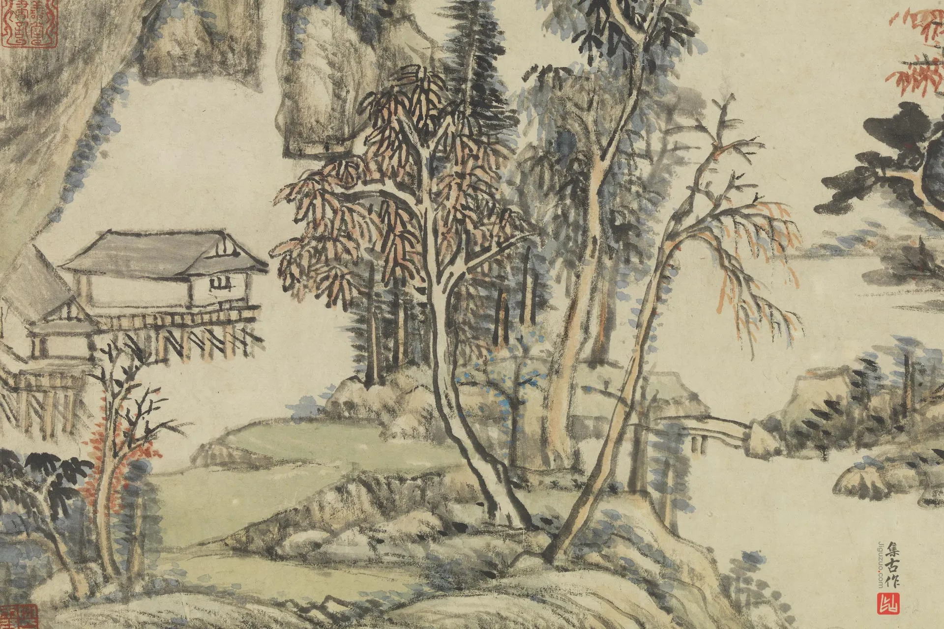 王原祁山水画《仿黄子久秋山图》局部 (3)