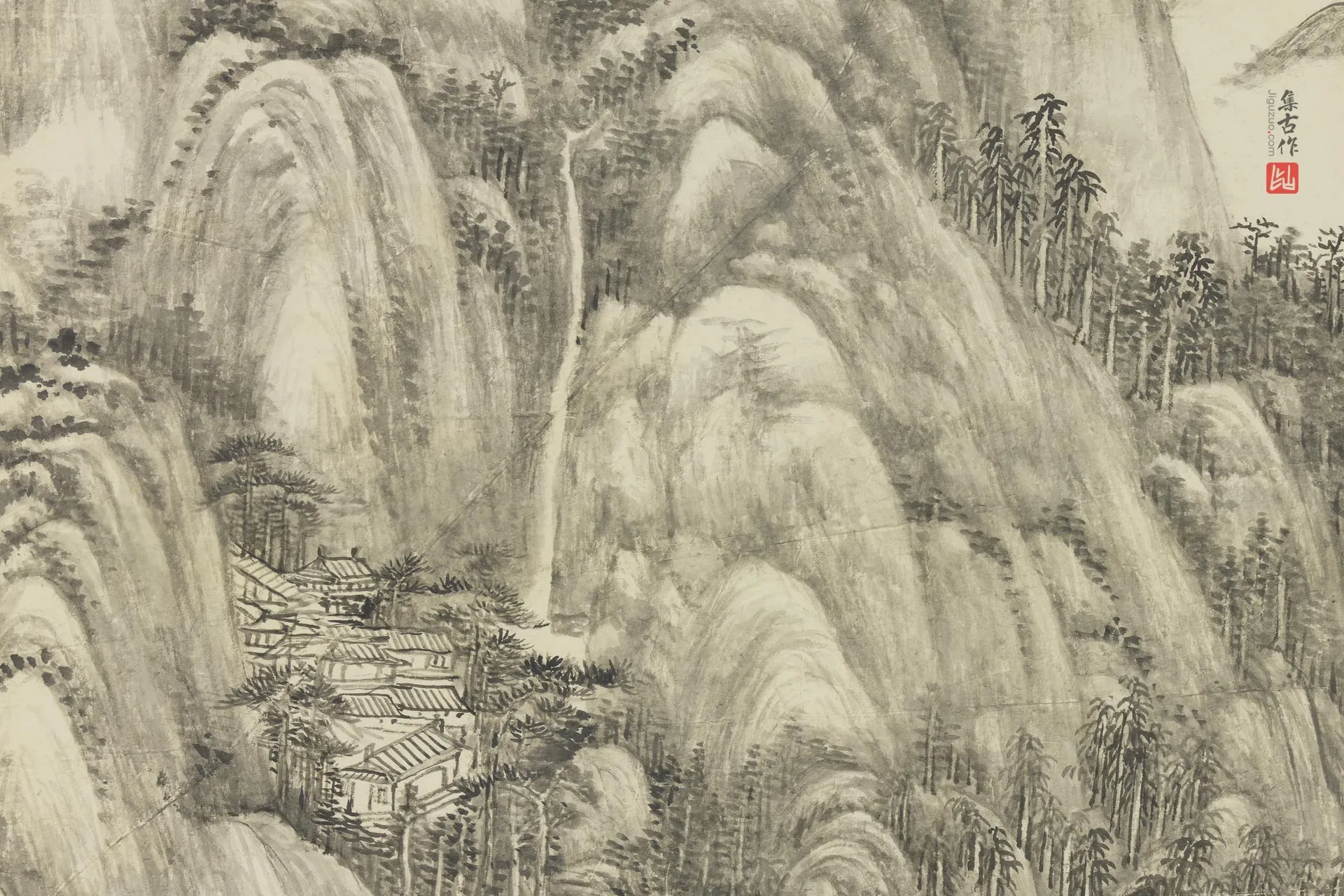 王原祁水墨山水《烟浮远岫图》局部 (2)