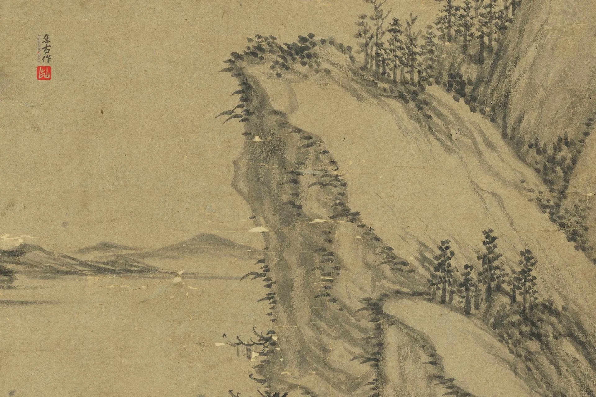 王绂水墨山水画《溪亭夜读图》局部 (2)